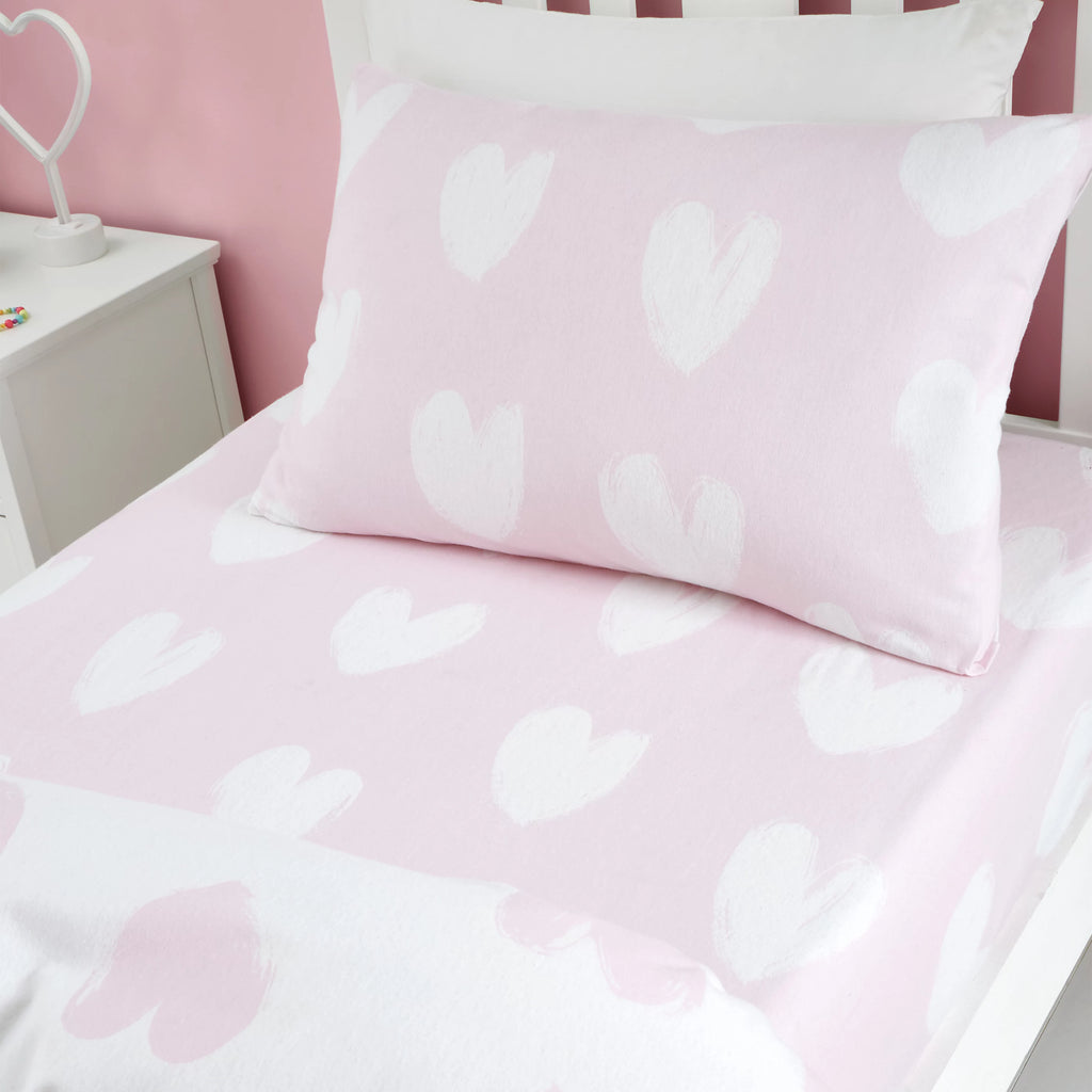 Catherine Lansfield Brushed Cotton Hearts Fitted Sheet in White Pink