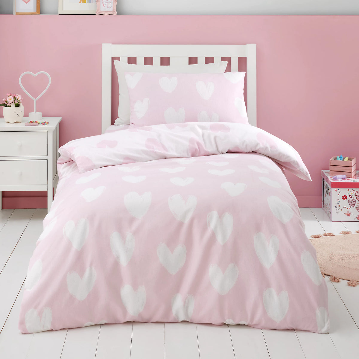 Catherine Lansfield Brushed Cotton Hearts Reversible Duvet Cover Set in Pink