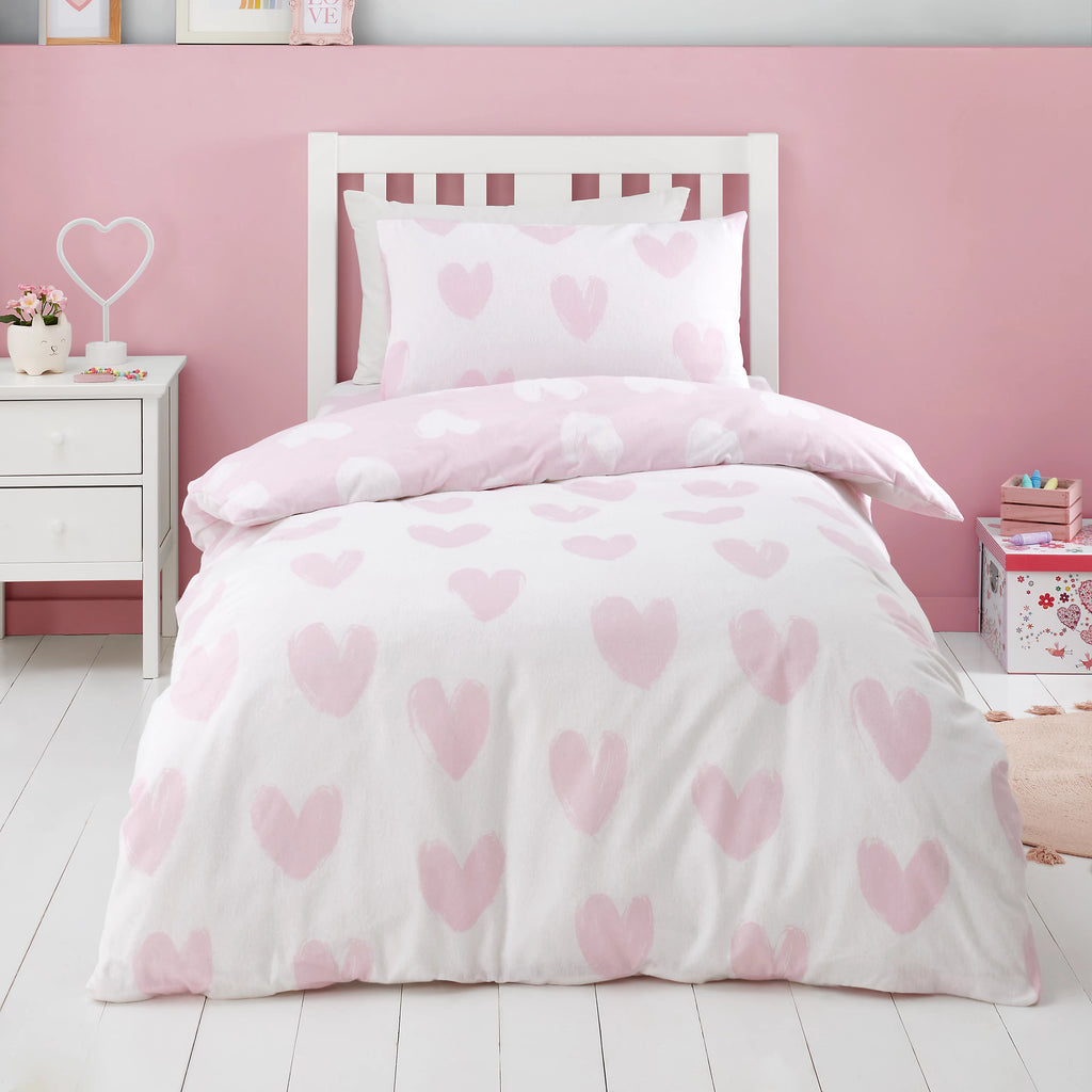 Catherine Lansfield Brushed Cotton Hearts Reversible Duvet Cover Set in Pink