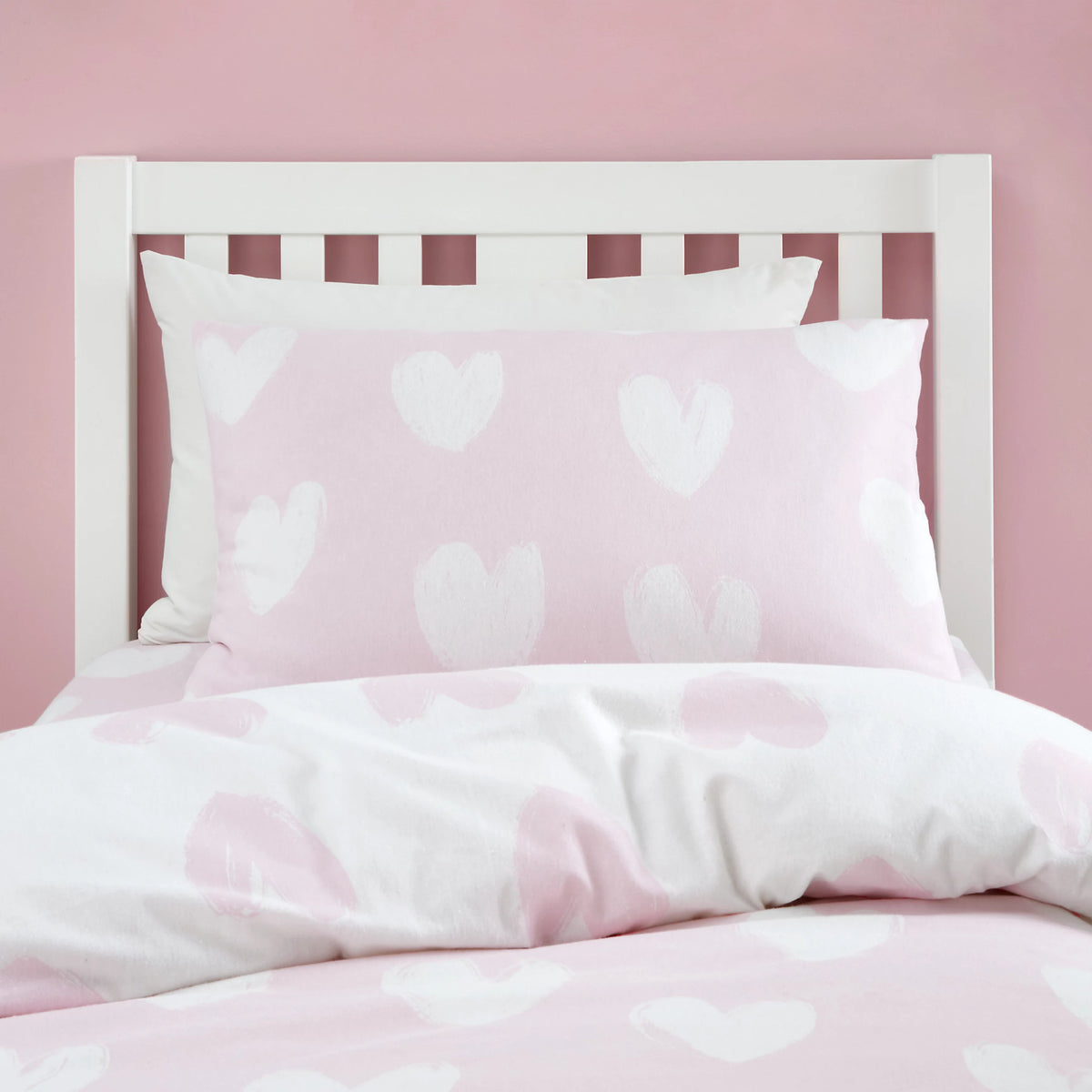 Catherine Lansfield Brushed Cotton Hearts Reversible Duvet Cover Set in Pink