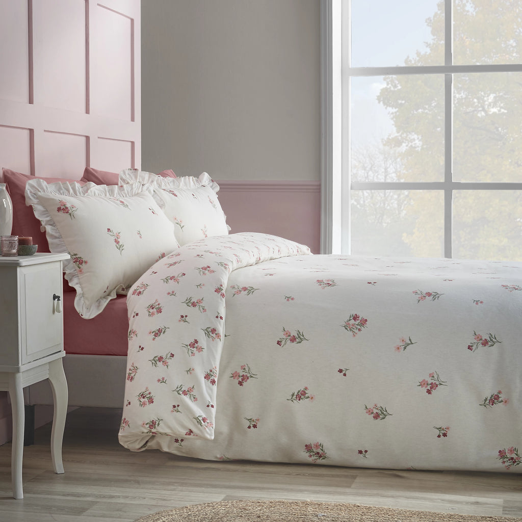 Catherine Lansfield Pink Brushed Ditsy Floral Cotton Reversible Duvet Cover Set
