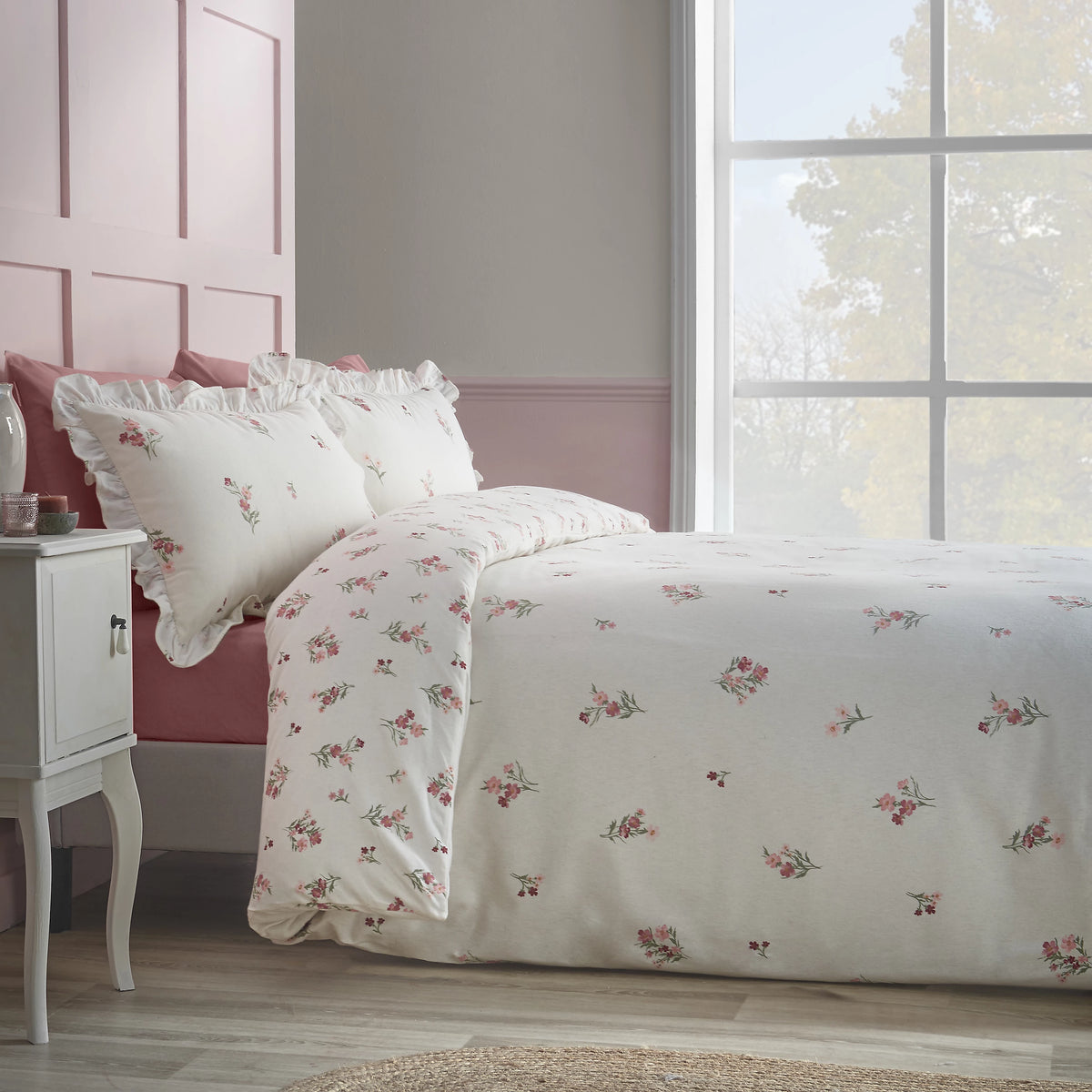 Catherine Lansfield Pink Brushed Ditsy Floral Cotton Reversible Duvet Cover Set