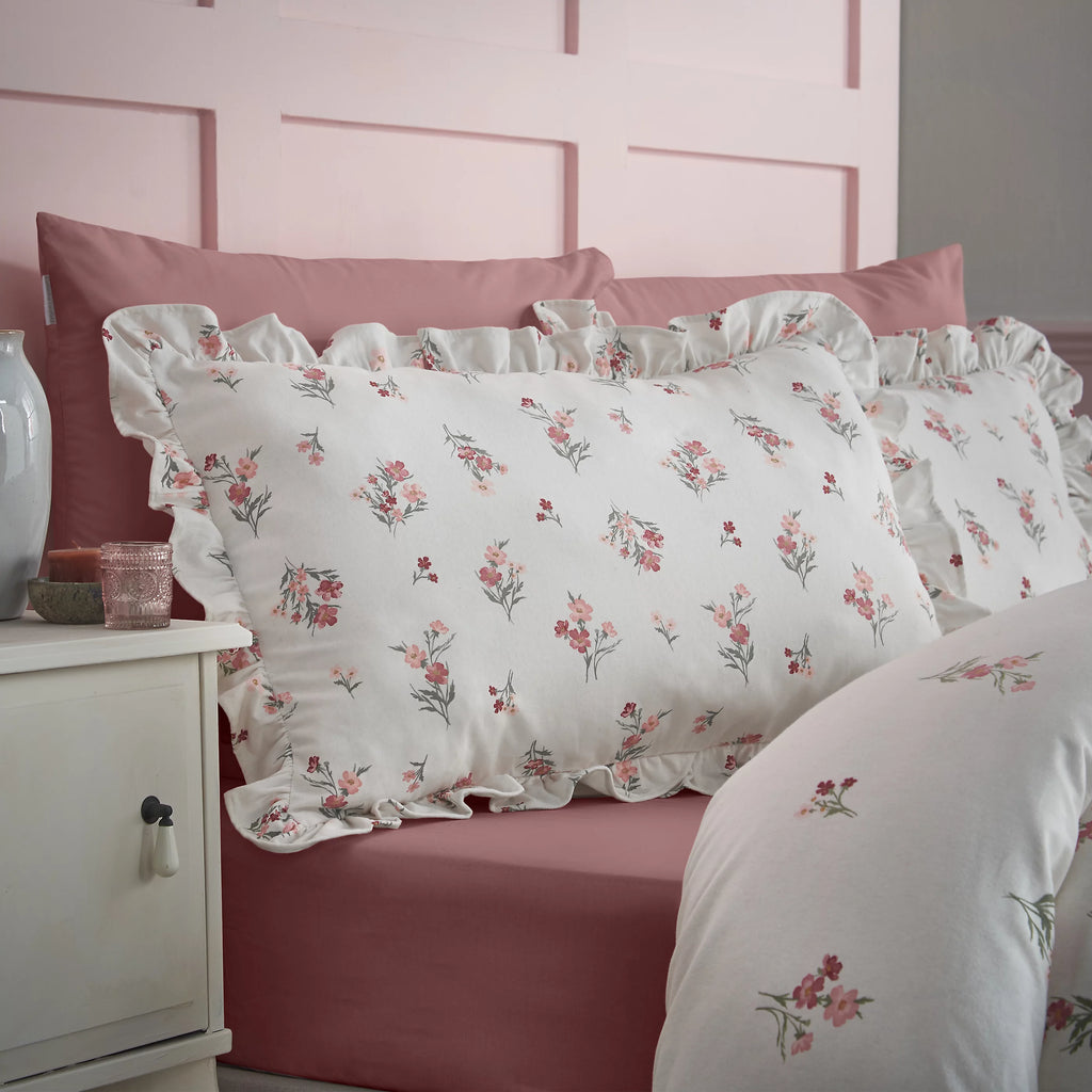 Catherine Lansfield Pink Brushed Ditsy Floral Cotton Reversible Duvet Cover Set