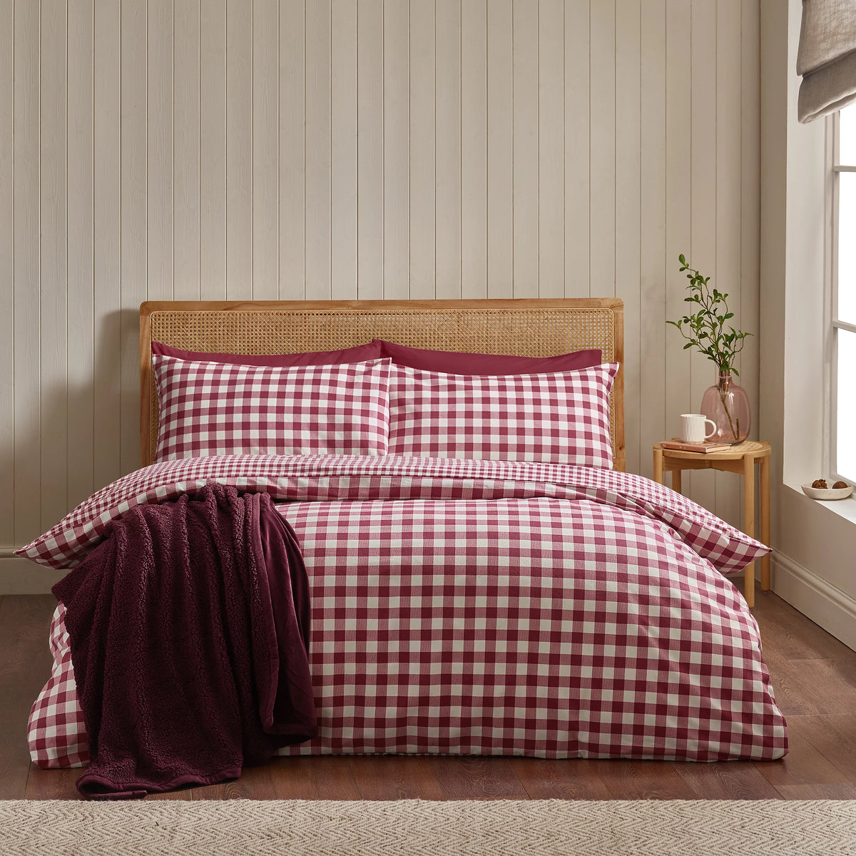 Catherine Lansfield Burgundy Gingham Check Brushed Cotton Duvet Cover Set