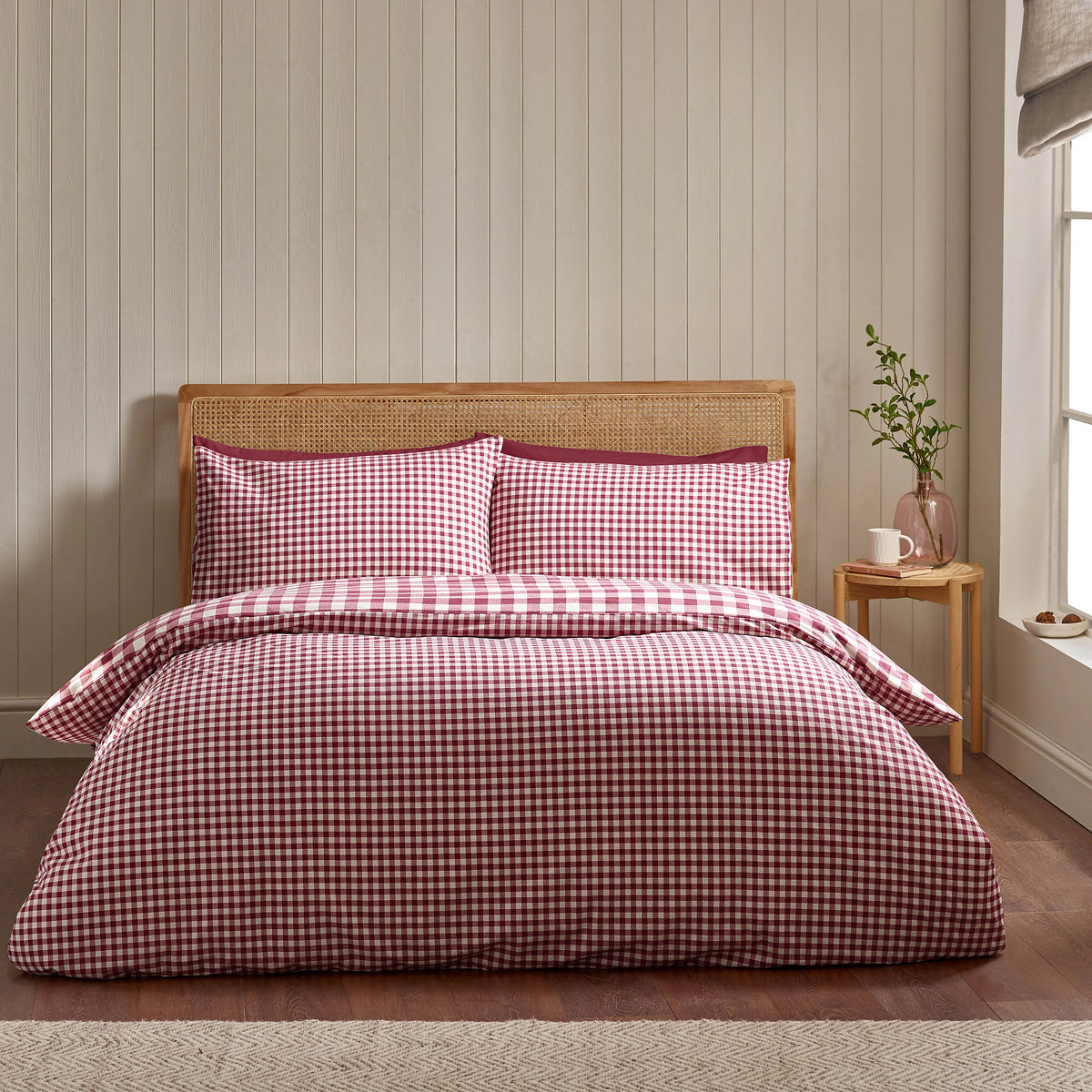 Catherine Lansfield Burgundy Gingham Check Brushed Cotton Duvet Cover Set