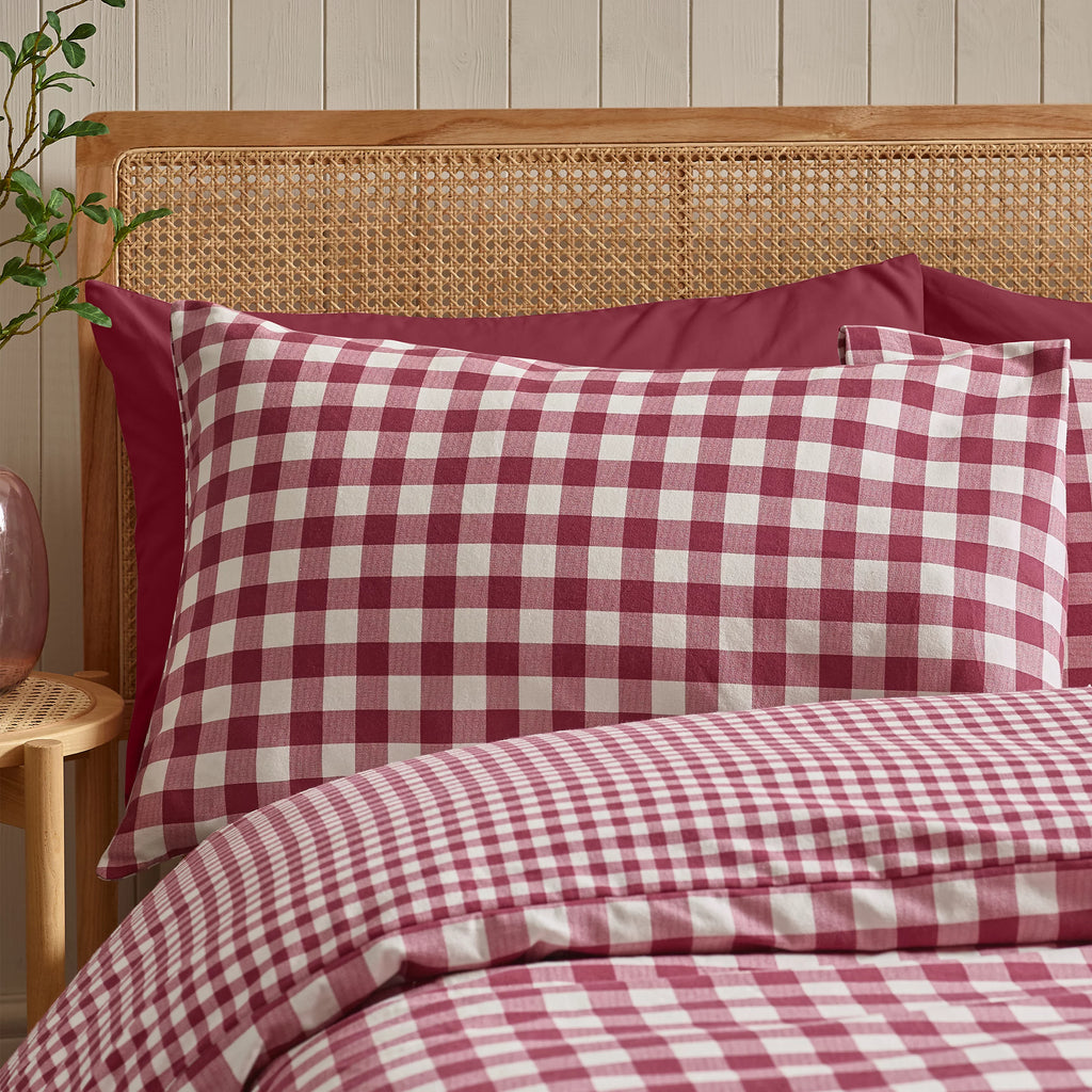 Catherine Lansfield Burgundy Gingham Check Brushed Cotton Duvet Cover Set