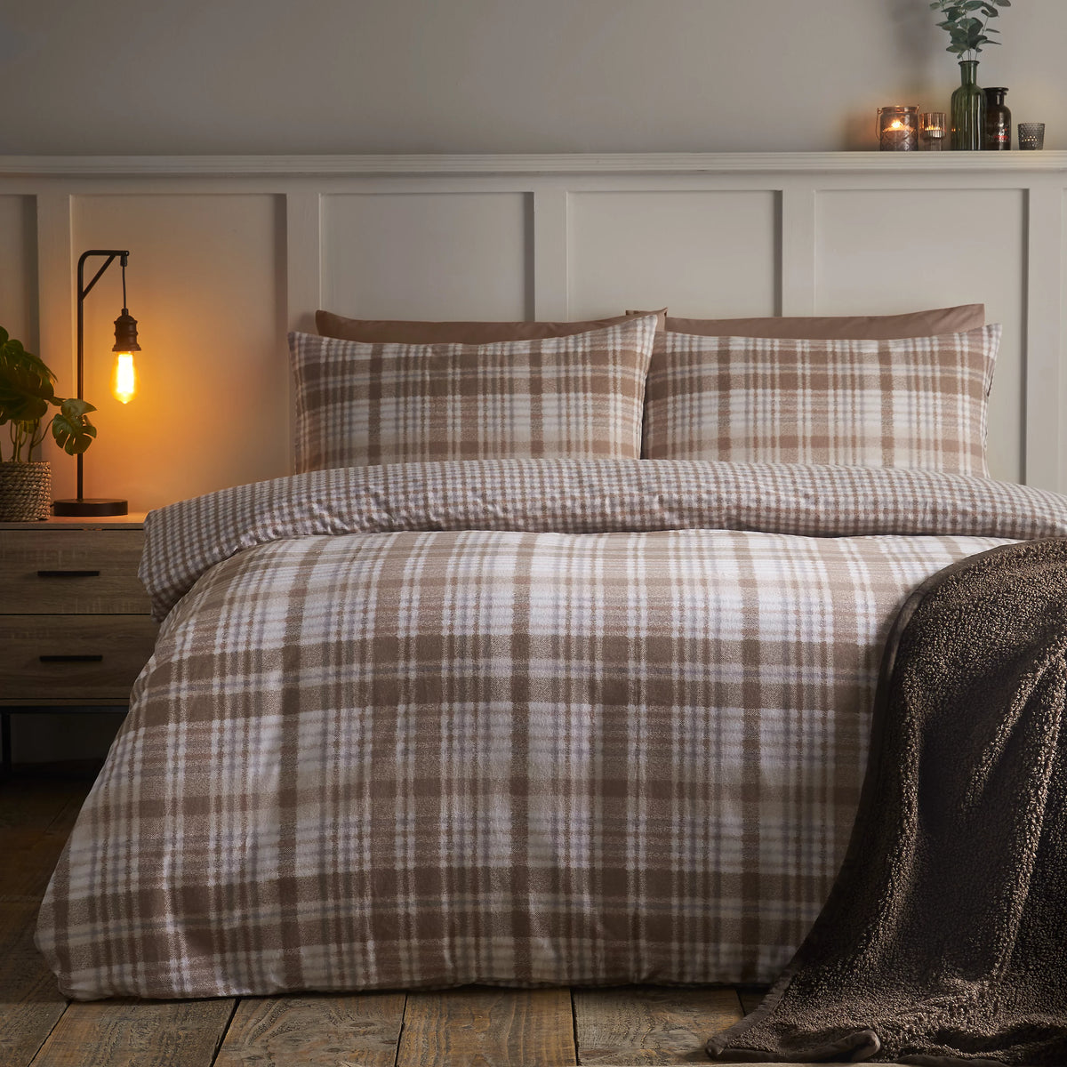 Catherine Lansfield Natural Brushed Hamish Check Duvet Cover Set