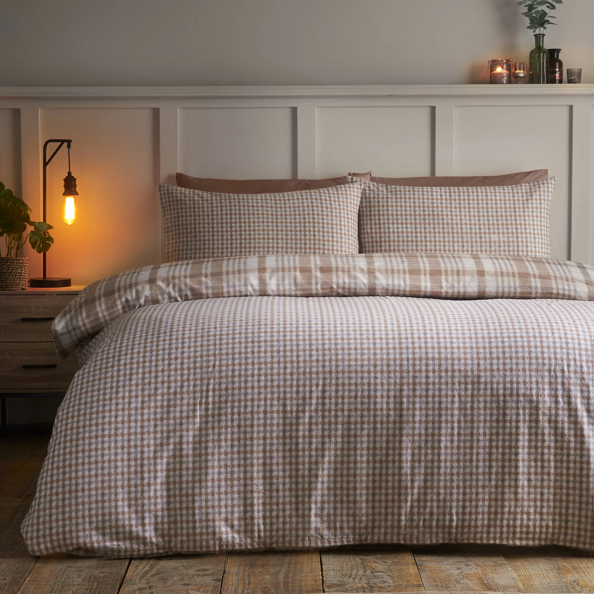 Catherine Lansfield Natural Brushed Hamish Check Duvet Cover Set