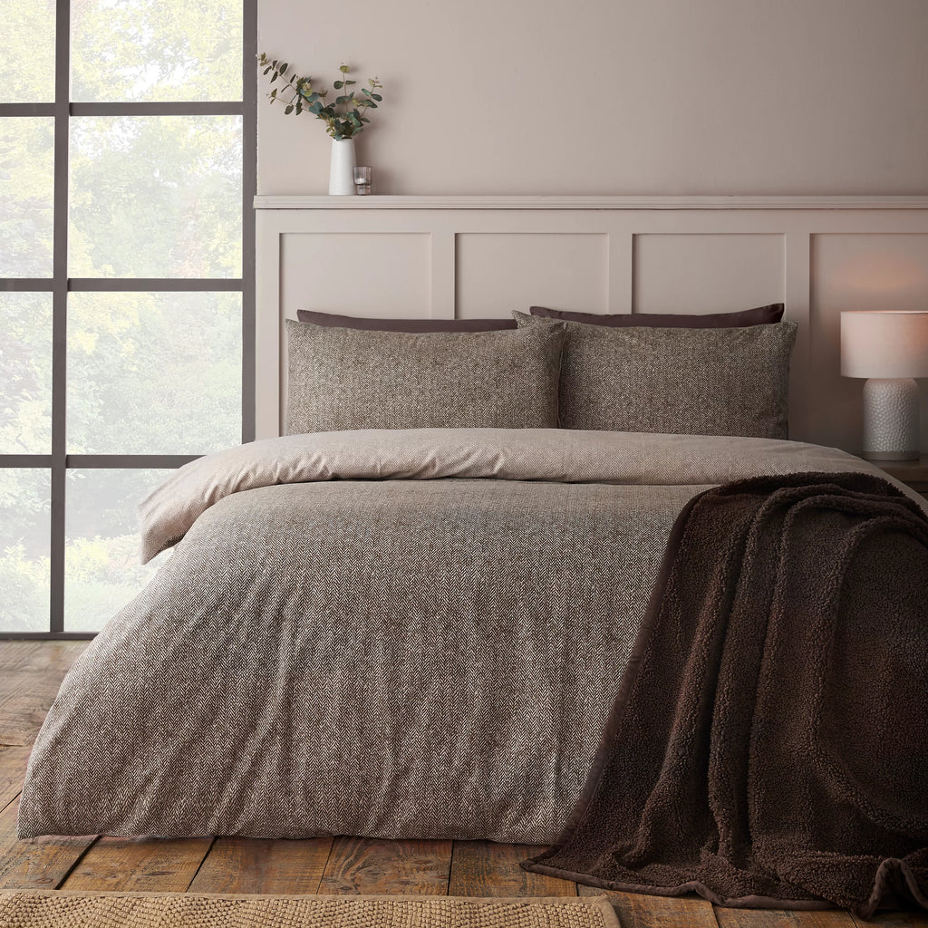 Catherine Lansfield Chocolate Herringbone Brushed Cotton Duvet Cover Set