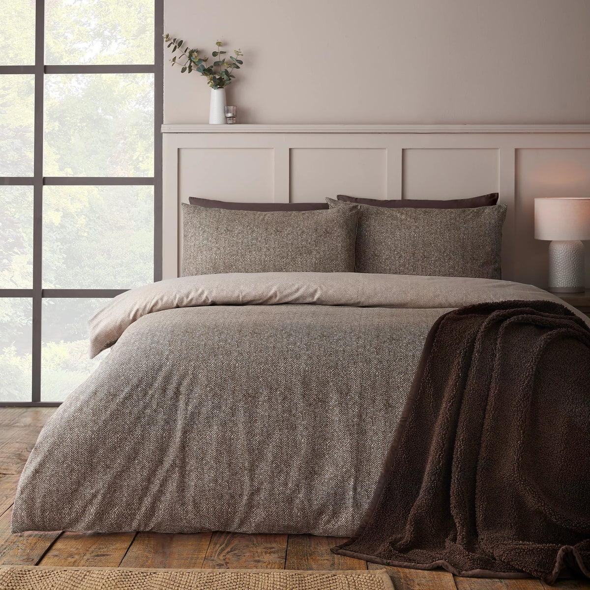 Catherine Lansfield Chocolate Herringbone Brushed Cotton Duvet Cover Set