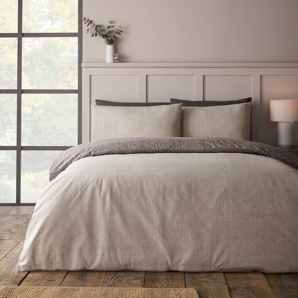 Catherine Lansfield Chocolate Herringbone Brushed Cotton Duvet Cover Set