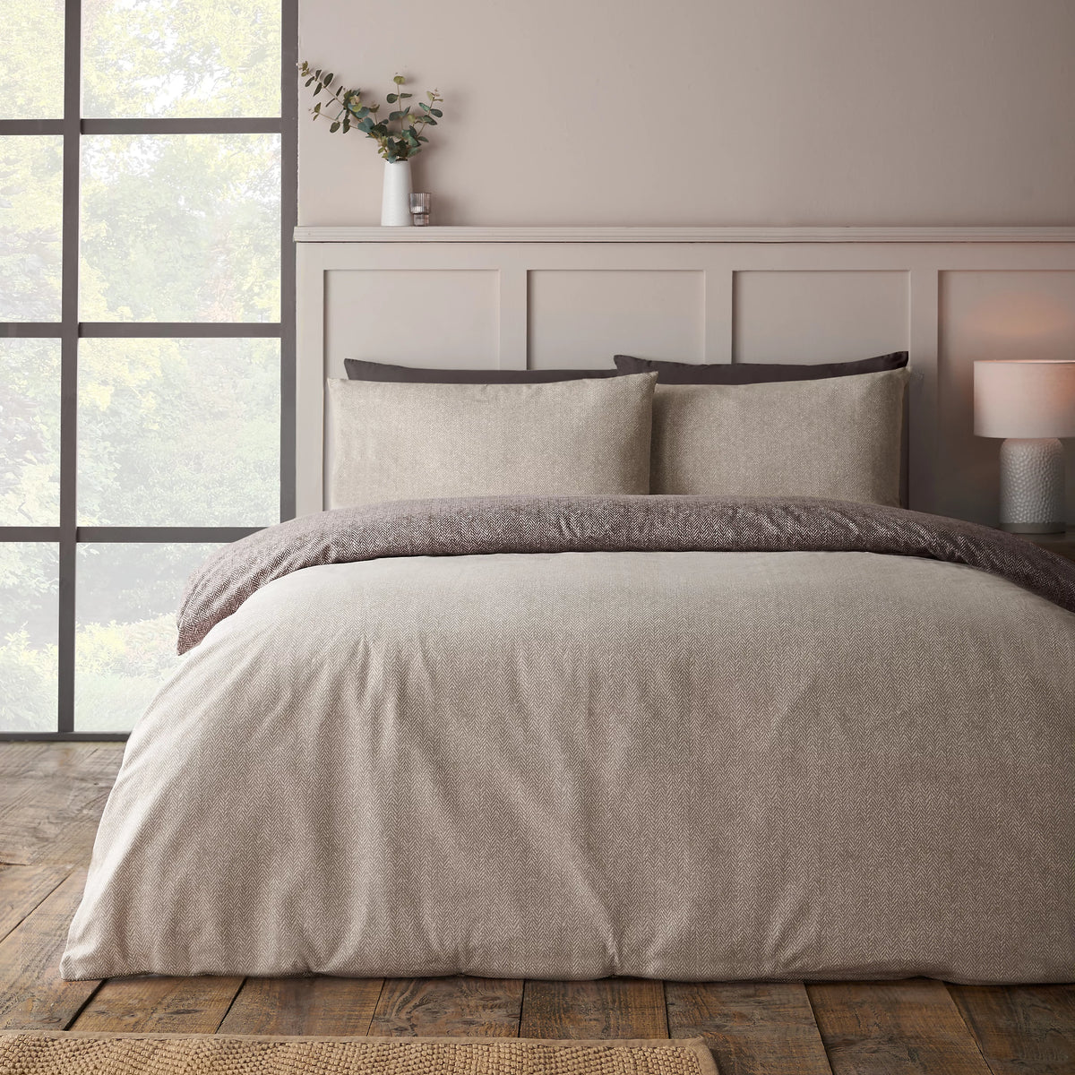 Catherine Lansfield Chocolate Herringbone Brushed Cotton Duvet Cover Set