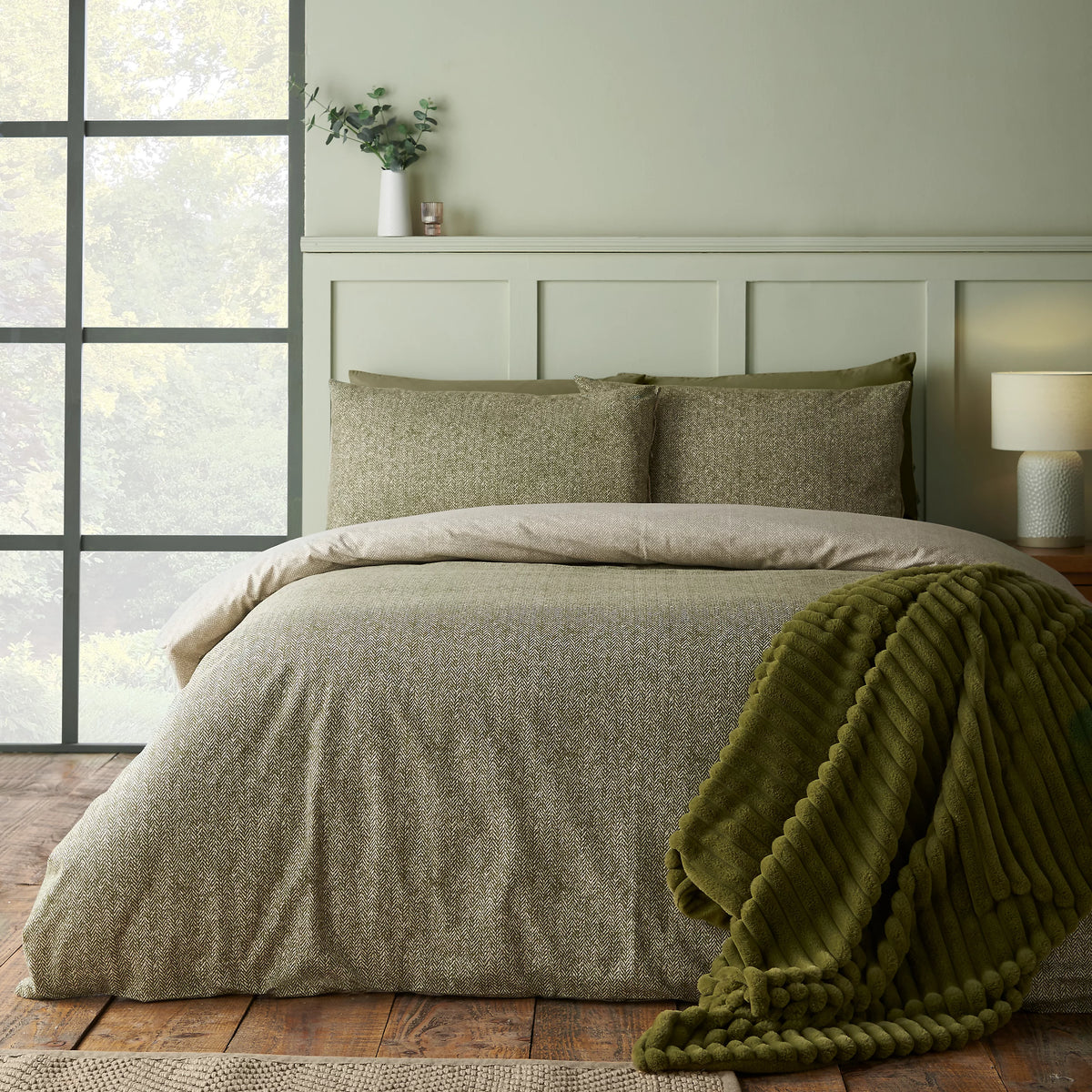 Catherine Lansfield Green Herringbone Brushed Cotton Duvet Cover Set