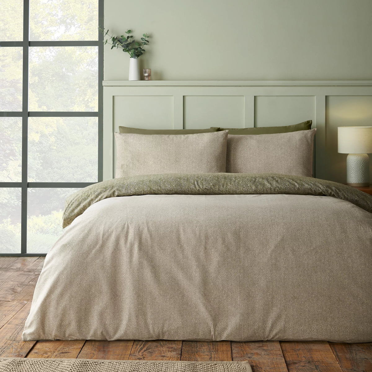Catherine Lansfield Green Herringbone Brushed Cotton Duvet Cover Set