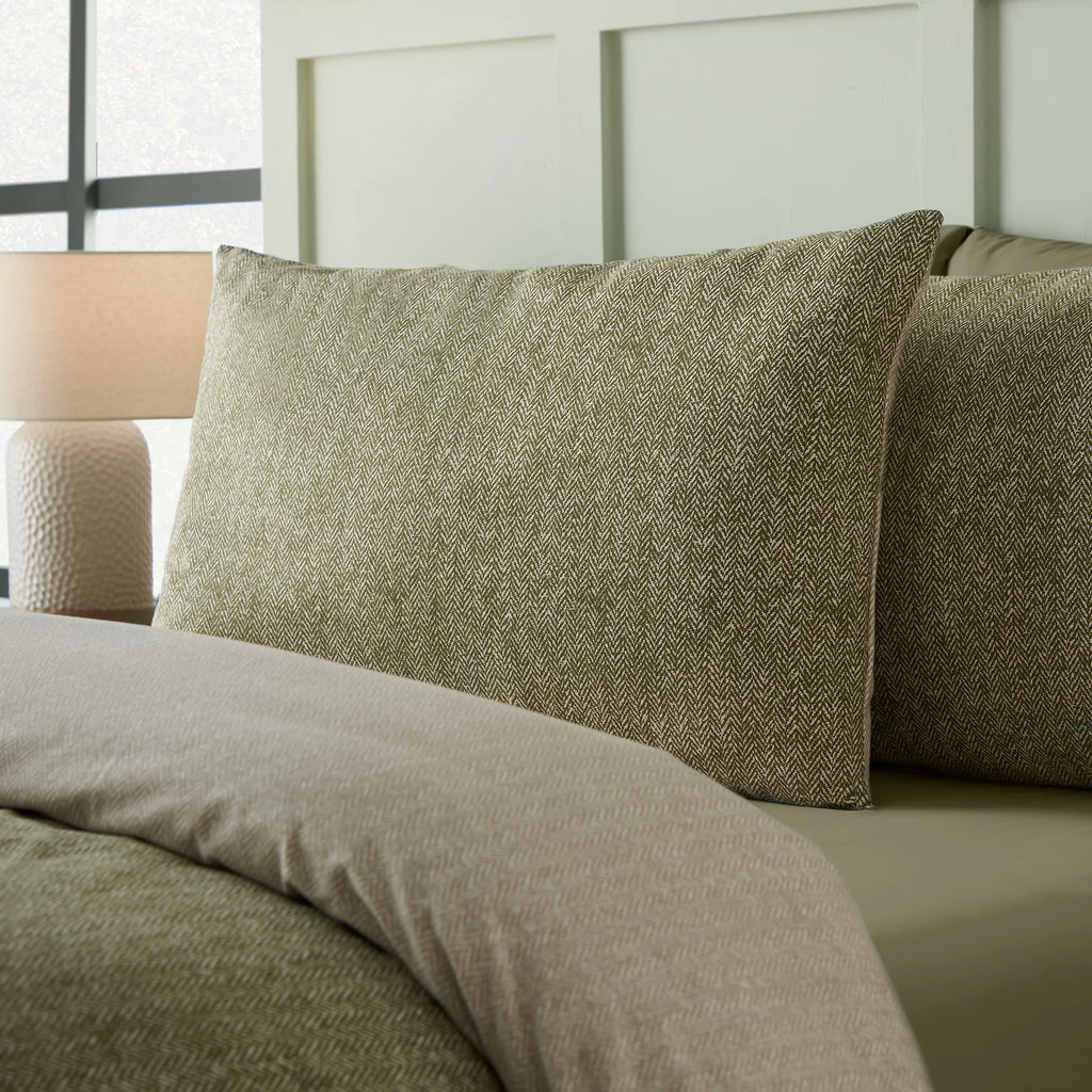 Catherine Lansfield Green Herringbone Brushed Cotton Duvet Cover Set