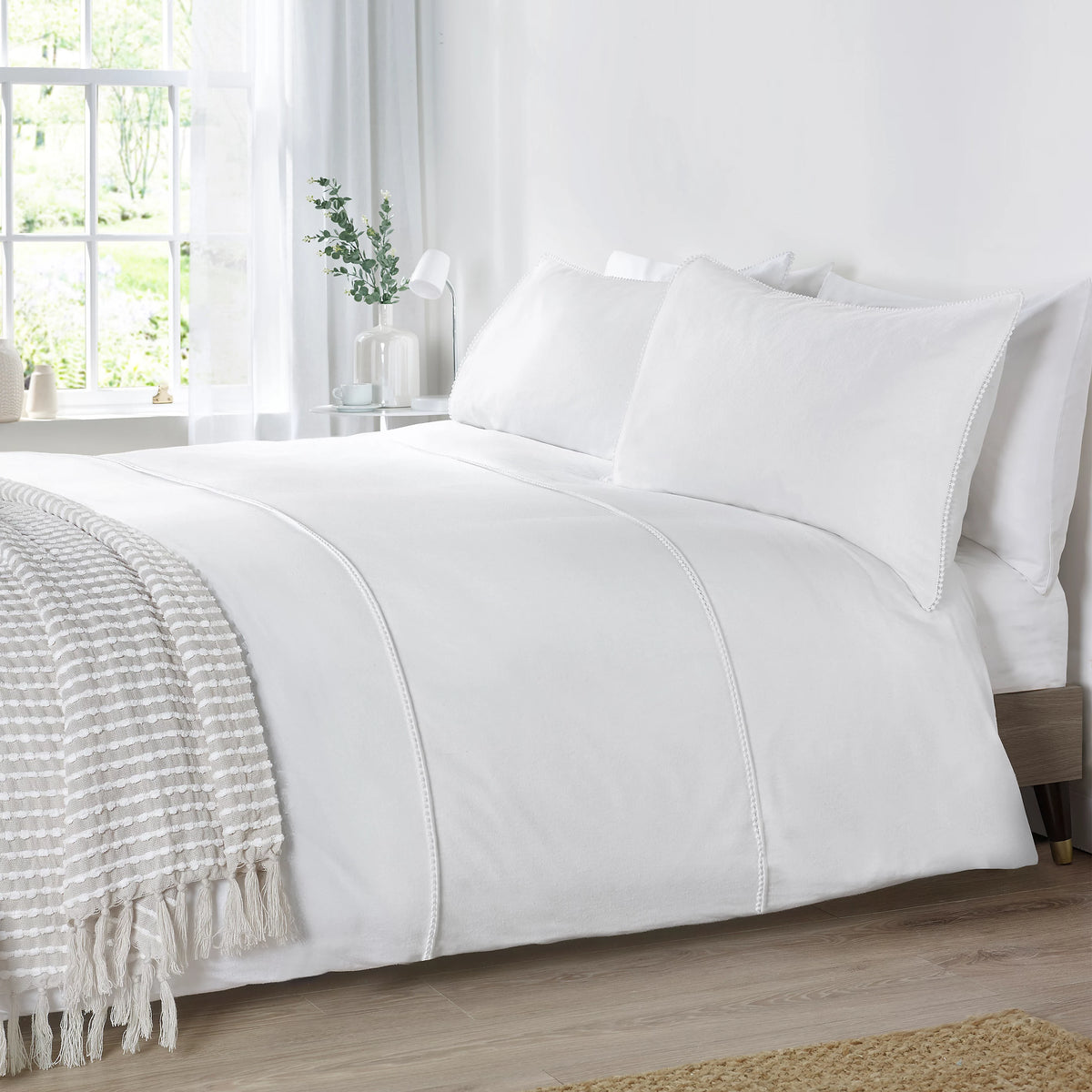 Catherine Lansfield Brushed Pom Pom White Cotton Duvet Cover Set