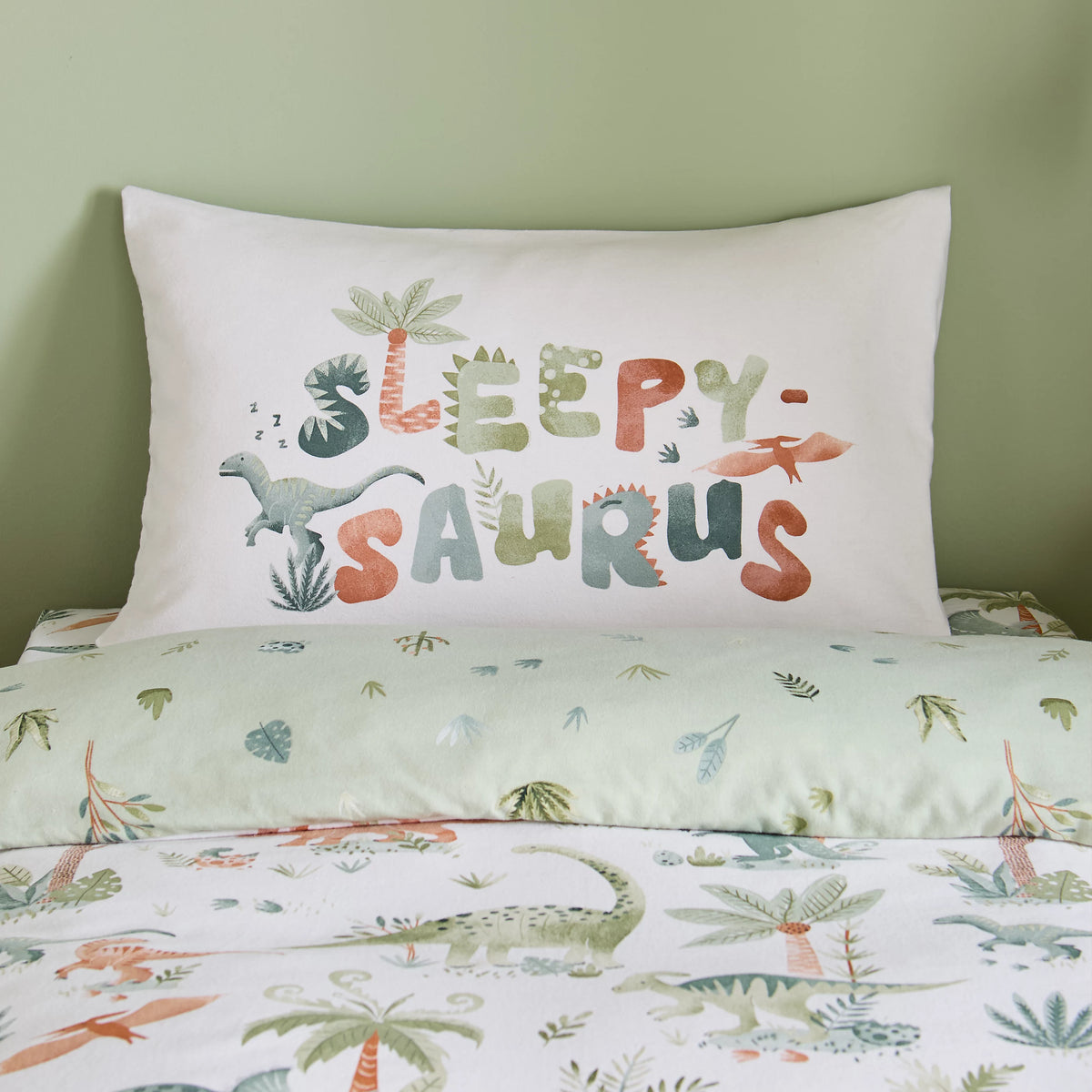 Catherine Lansfield Sleepy Saurus 100% Brushed Cotton Dinosaur Duvet Cover Set