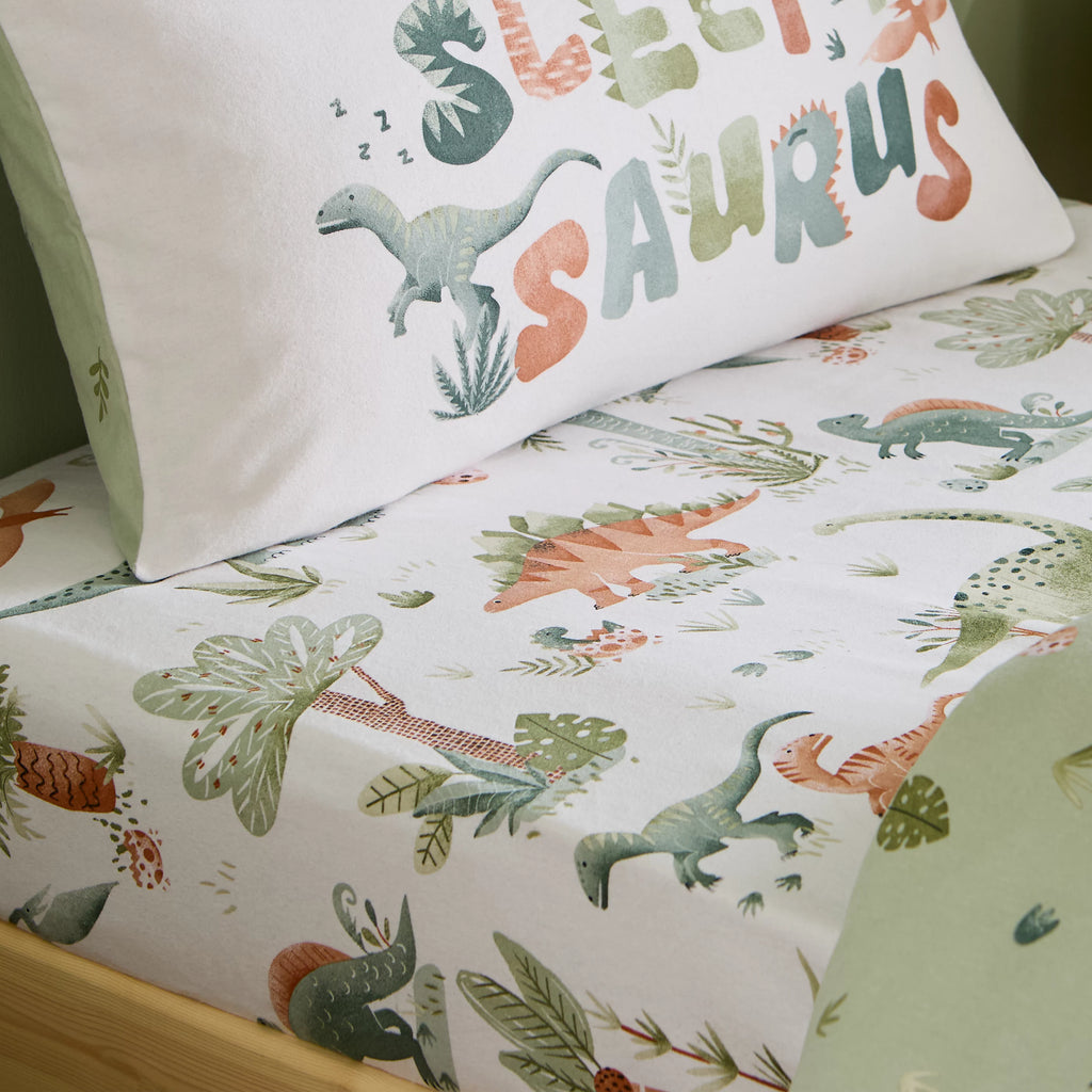 Catherine Lansfield Brushed 100% Cotton Sleepy Saurus Dino Fitted Sheet