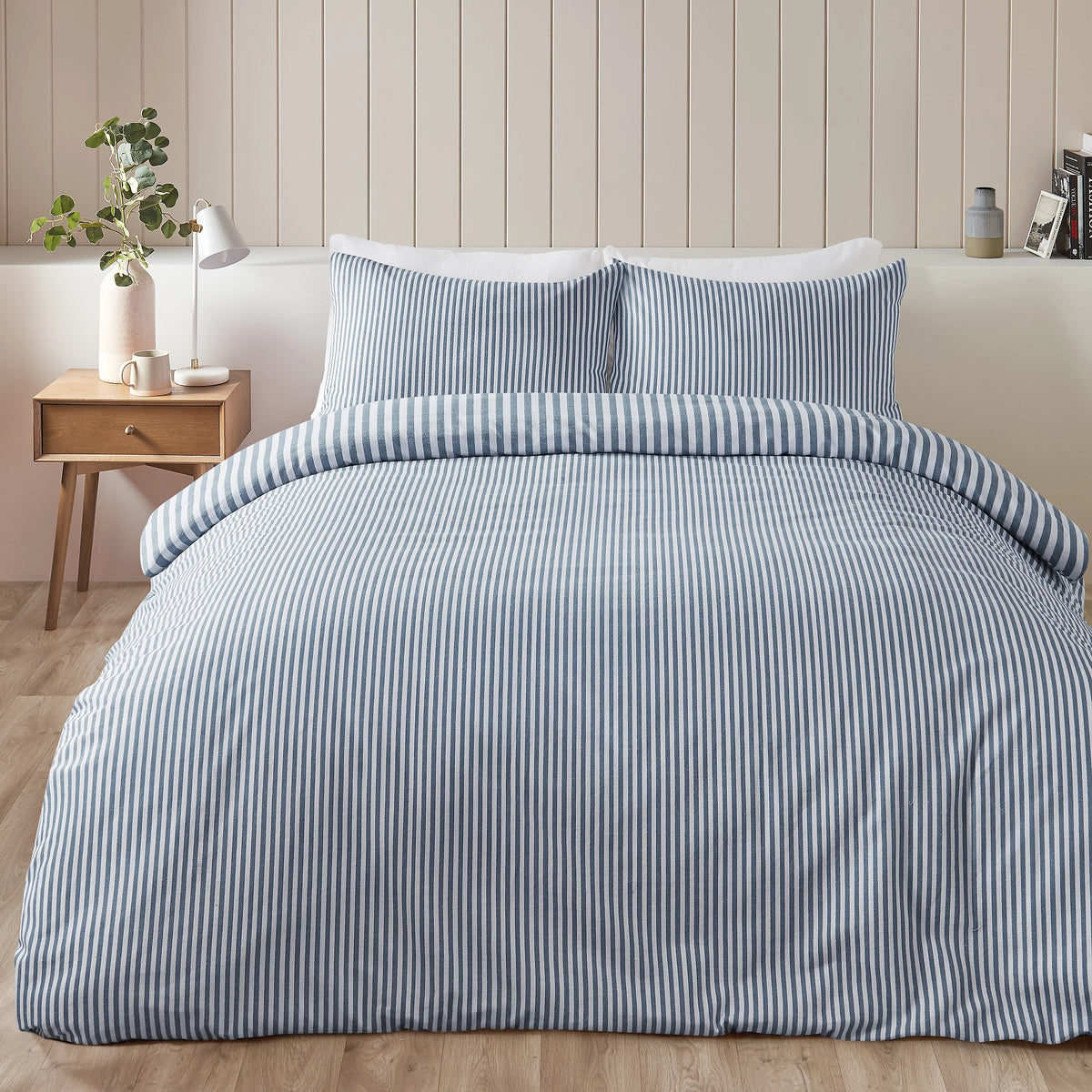 Catherine Lansfield Blue Reversible Supersoft 100% Brushed Cotton Stripe Duvet Cover Set
