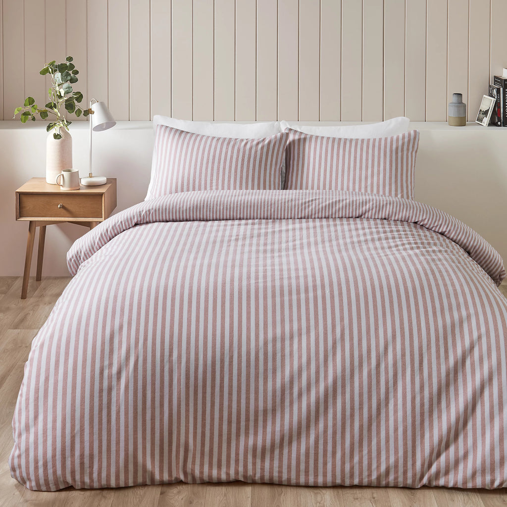 Catherine Lansfield Blush Pink Reversible Supersoft 100% Brushed Cotton Stripe Duvet Cover Set