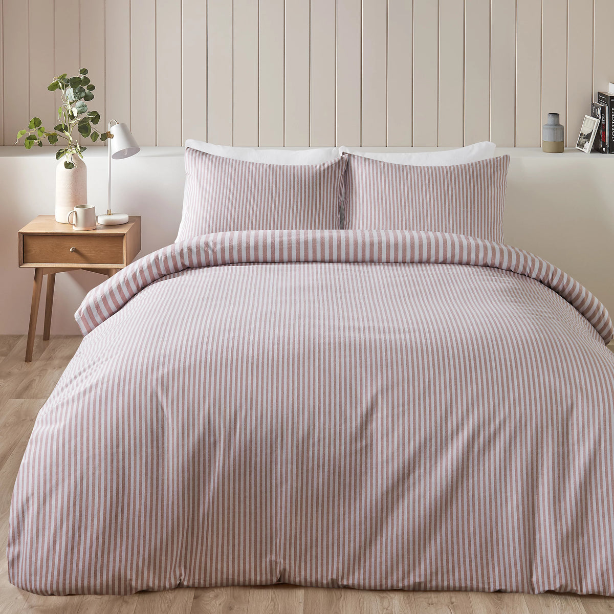 Catherine Lansfield Blush Pink Reversible Supersoft 100% Brushed Cotton Stripe Duvet Cover Set