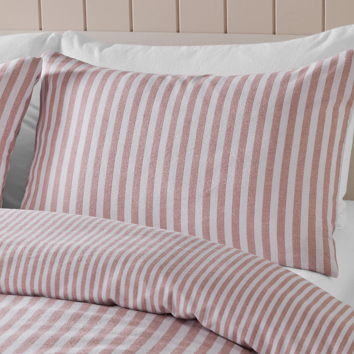 Catherine Lansfield Blush Pink Reversible Supersoft 100% Brushed Cotton Stripe Duvet Cover Set