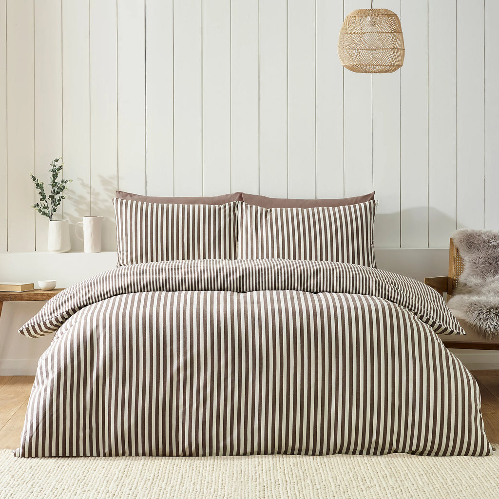 Catherine Lansfield Chocolate Reversible Supersoft 100% Brushed Cotton Stripe Duvet Cover Set