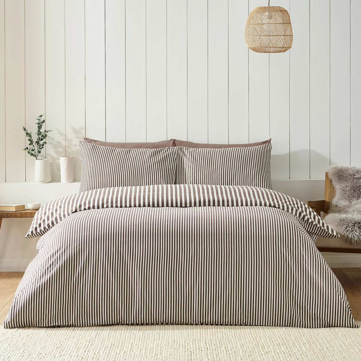 Catherine Lansfield Chocolate Reversible Supersoft 100% Brushed Cotton Stripe Duvet Cover Set