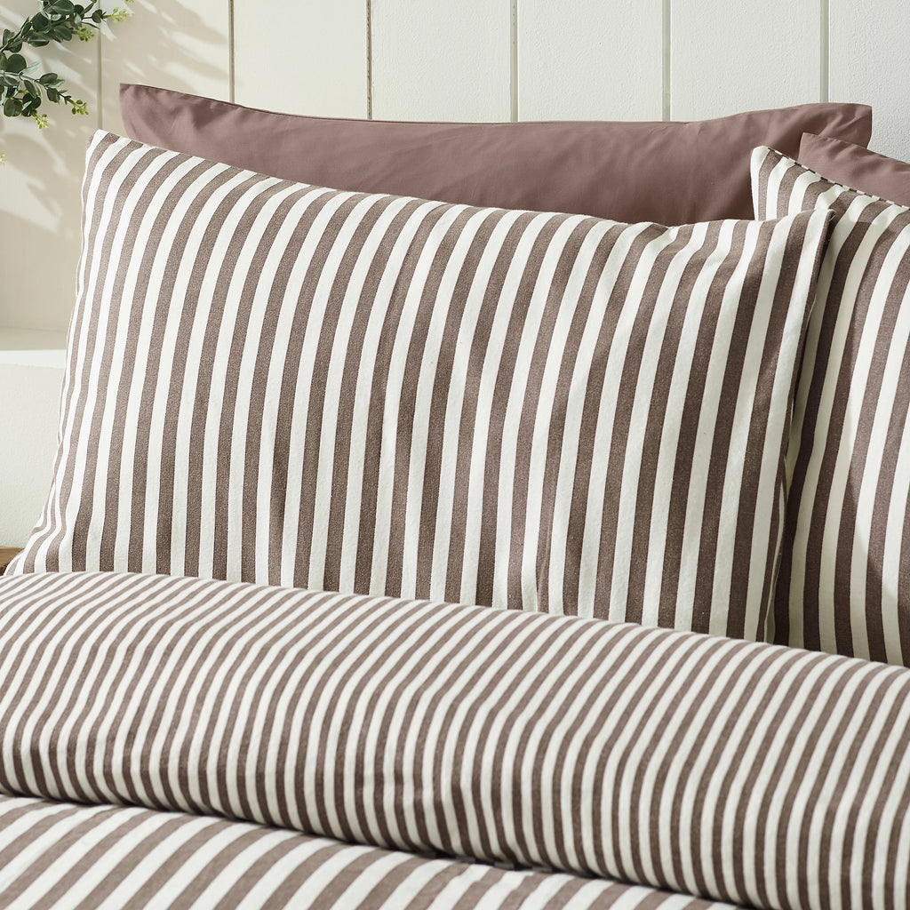 Catherine Lansfield Chocolate Reversible Supersoft 100% Brushed Cotton Stripe Duvet Cover Set
