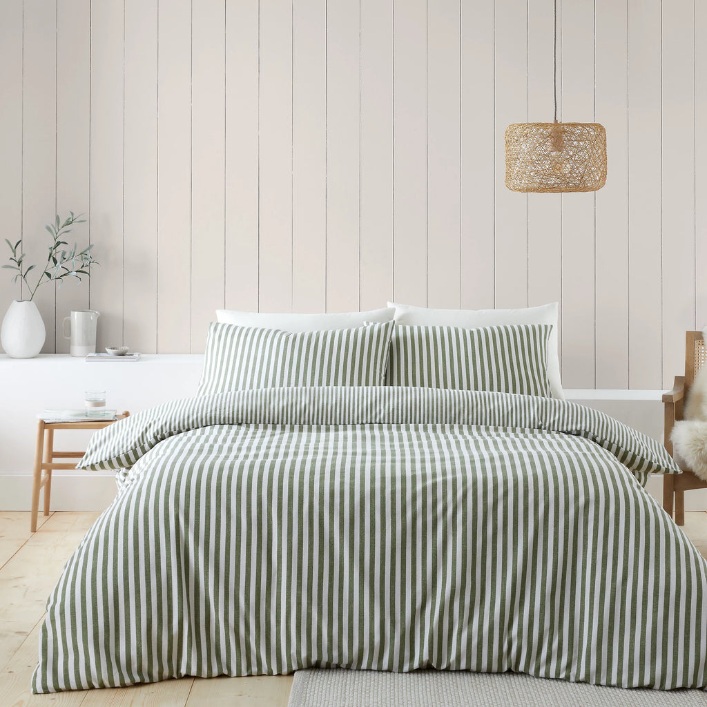 Catherine Lansfield Green Reversible Supersoft 100% Brushed Cotton Stripe Duvet Cover Set