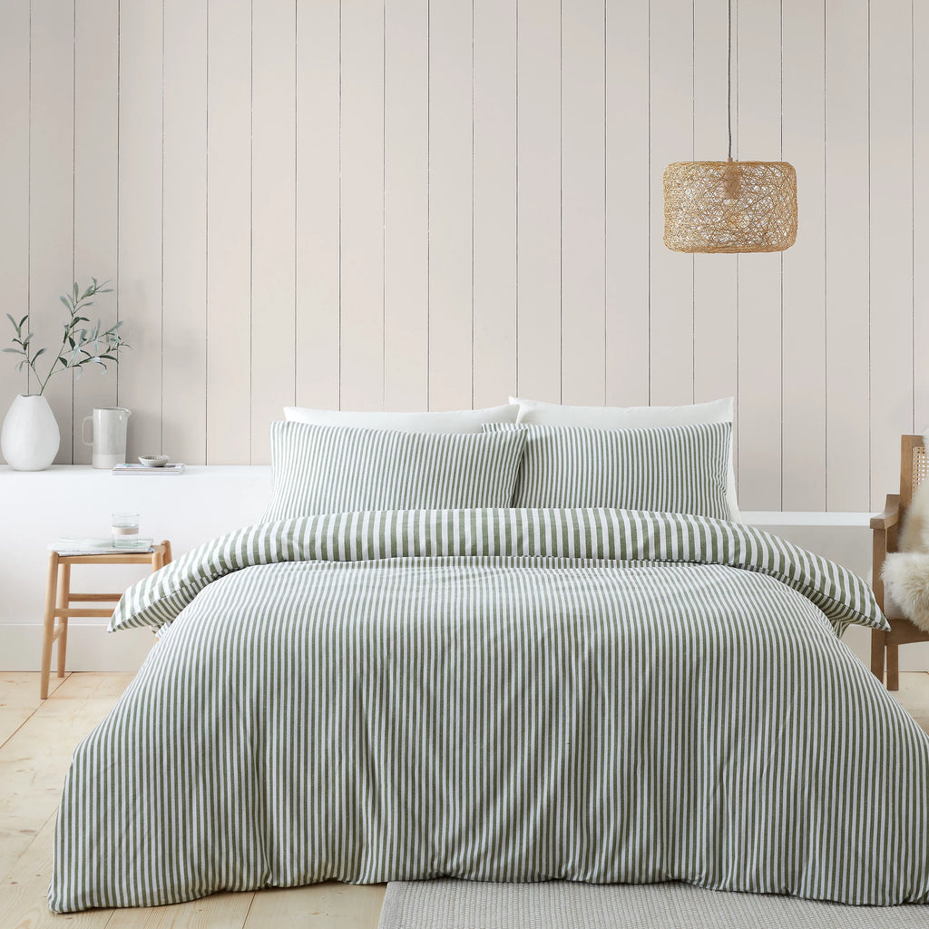 Catherine Lansfield Green Reversible Supersoft 100% Brushed Cotton Stripe Duvet Cover Set