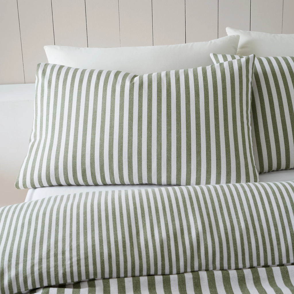 Catherine Lansfield Green Reversible Supersoft 100% Brushed Cotton Stripe Duvet Cover Set