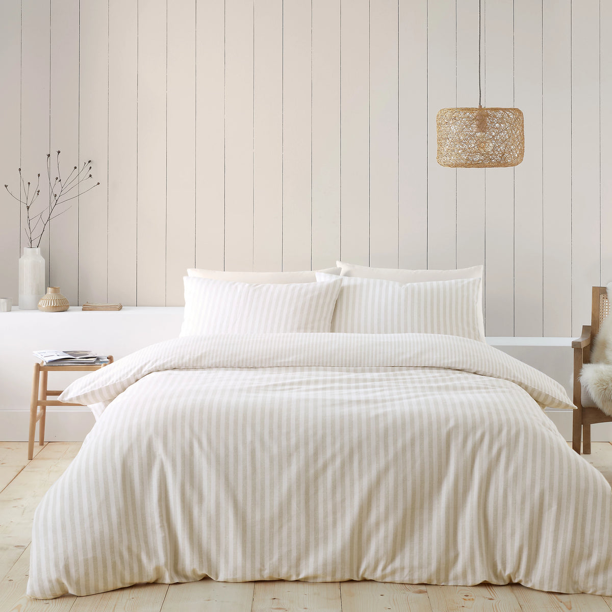 Catherine Lansfield Natural Reversible Supersoft 100% Brushed Cotton Stripe Duvet Cover Set