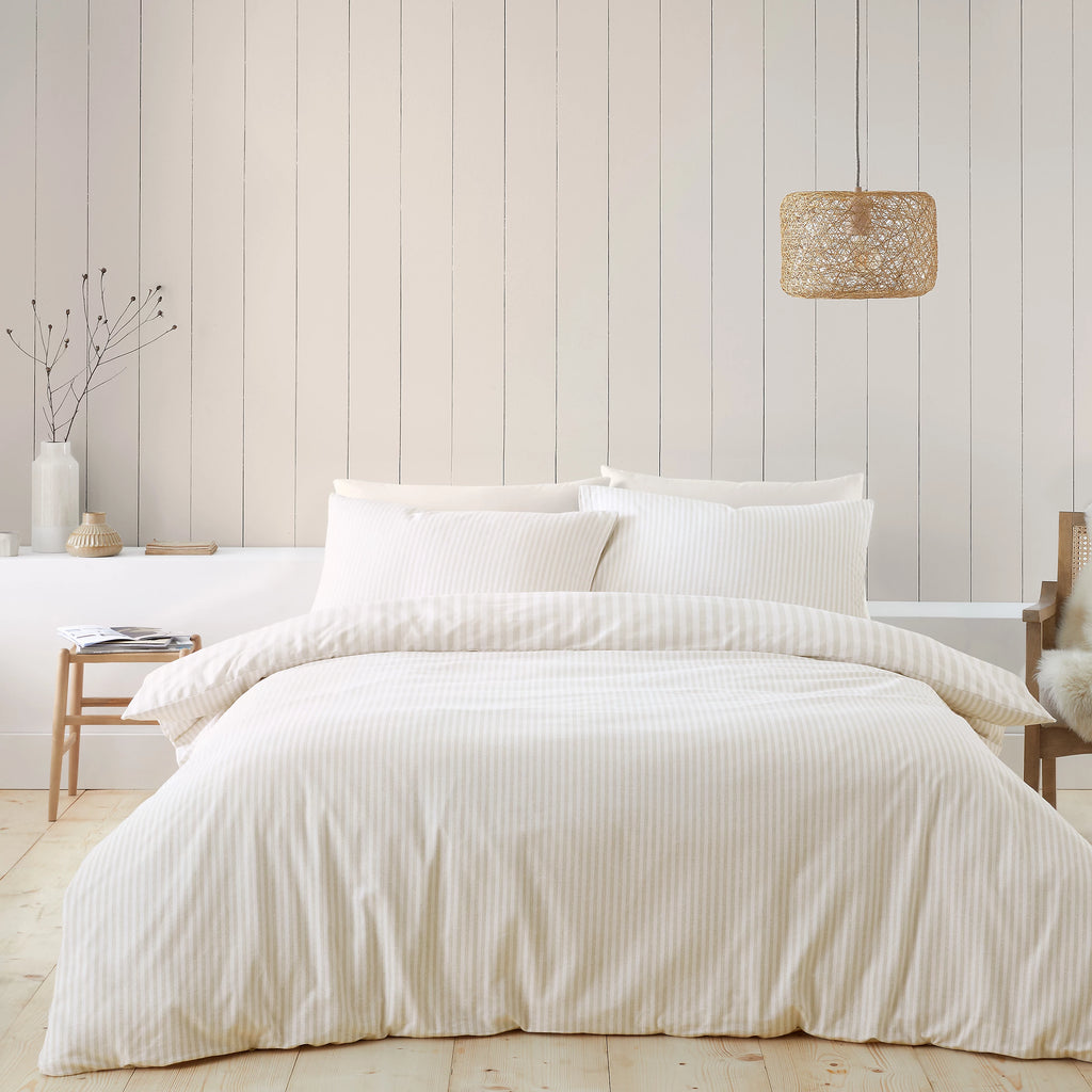 Catherine Lansfield Natural Reversible Supersoft 100% Brushed Cotton Stripe Duvet Cover Set