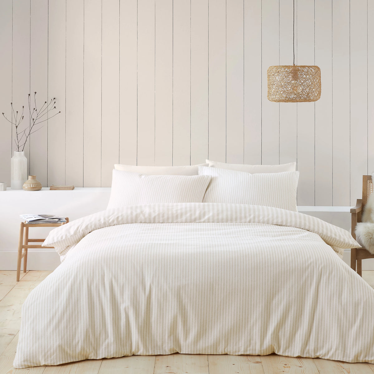 Catherine Lansfield Natural Reversible Supersoft 100% Brushed Cotton Stripe Duvet Cover Set