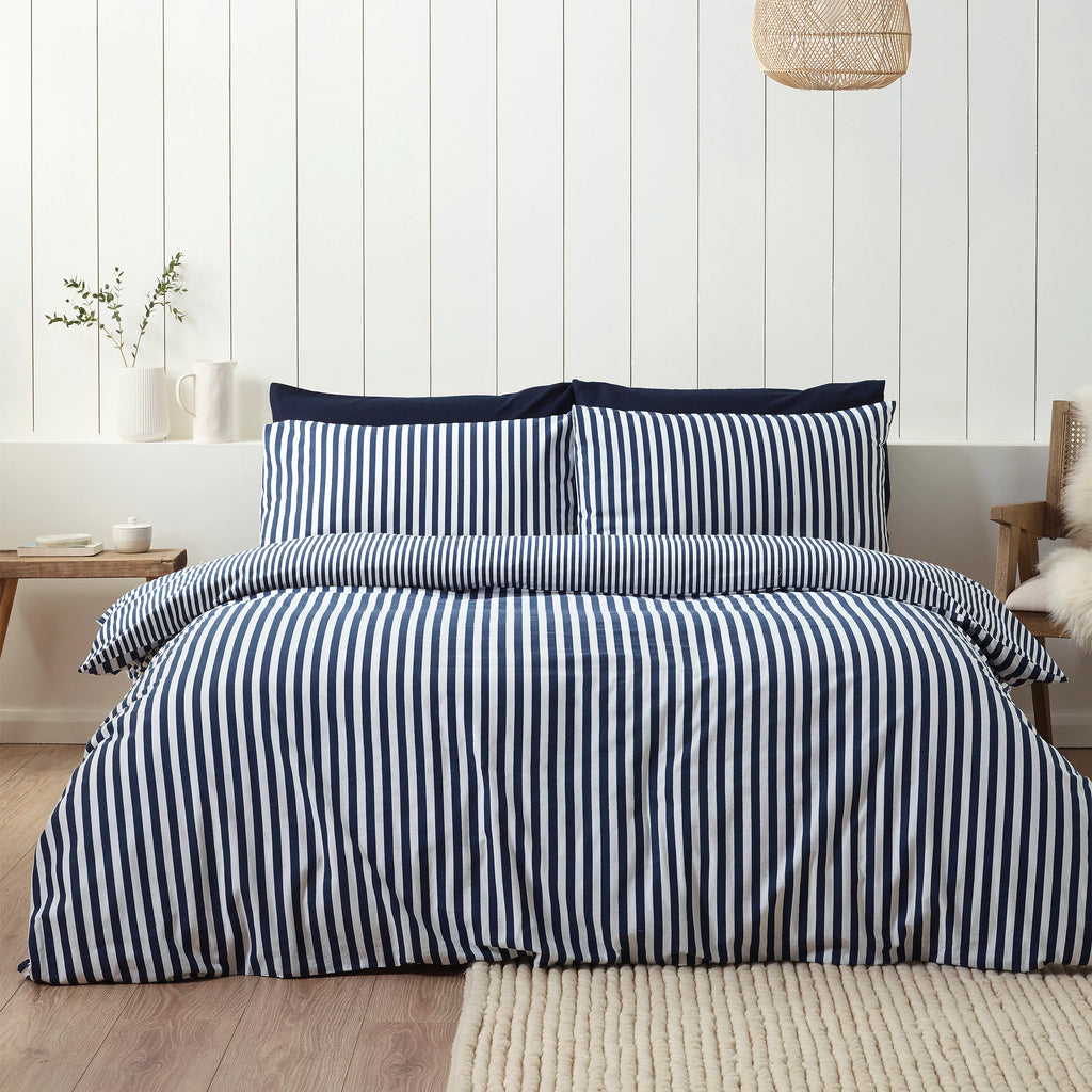 Catherine Lansfield Navy Blue Reversible Supersoft 100% Brushed Cotton Stripe Duvet Cover Set