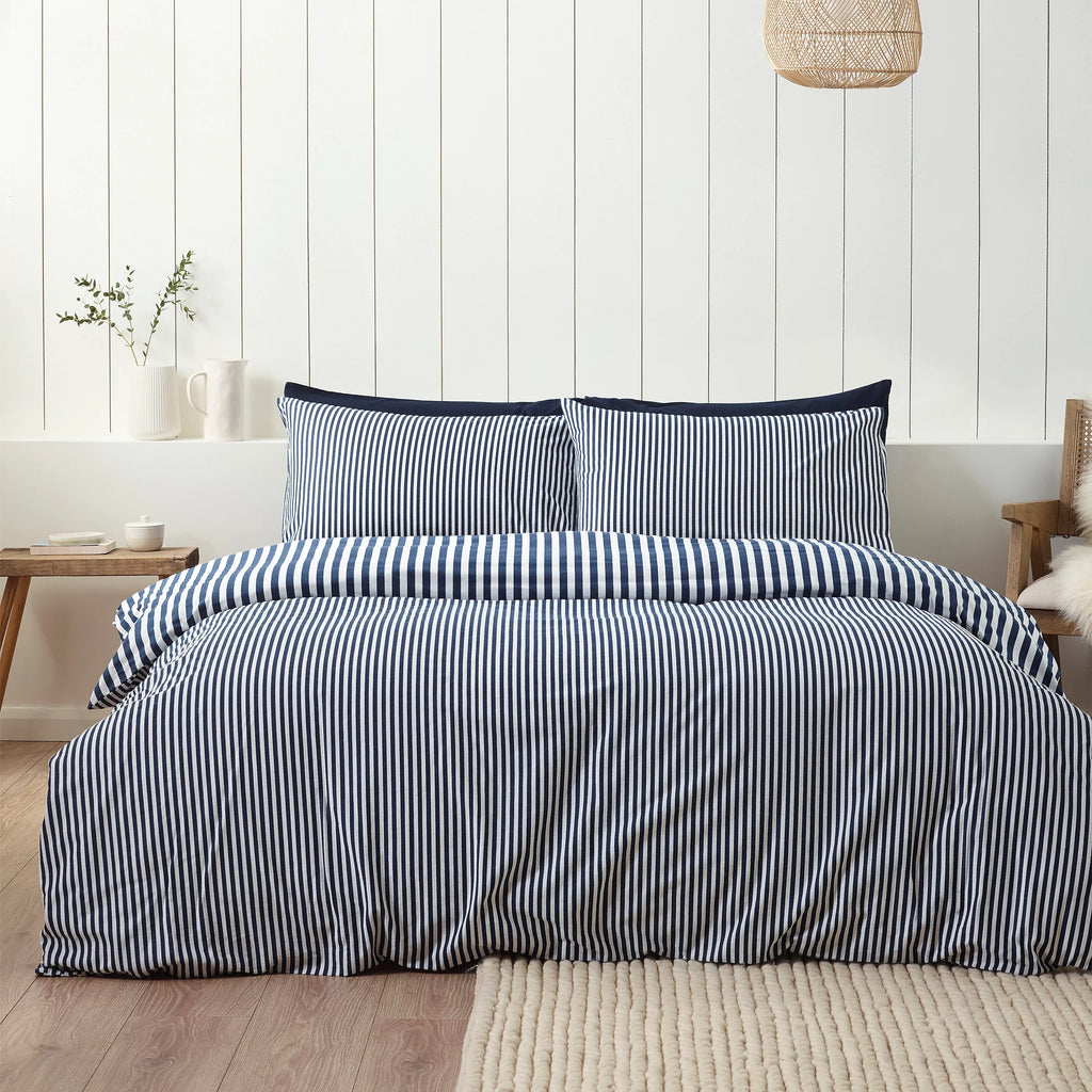 Catherine Lansfield Navy Blue Reversible Supersoft 100% Brushed Cotton Stripe Duvet Cover Set