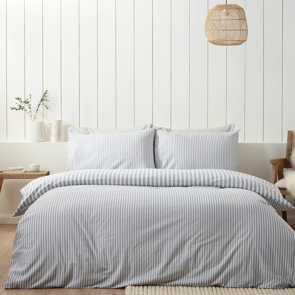 Catherine Lansfield Silver Grey Reversible Supersoft 100% Brushed Cotton Stripe Duvet Cover Set