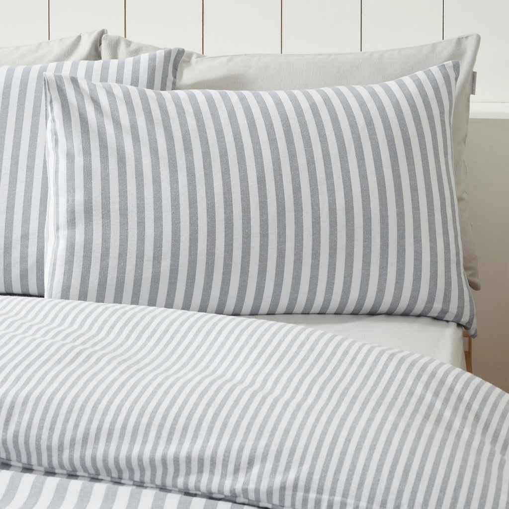 Catherine Lansfield Silver Grey Reversible Supersoft 100% Brushed Cotton Stripe Duvet Cover Set