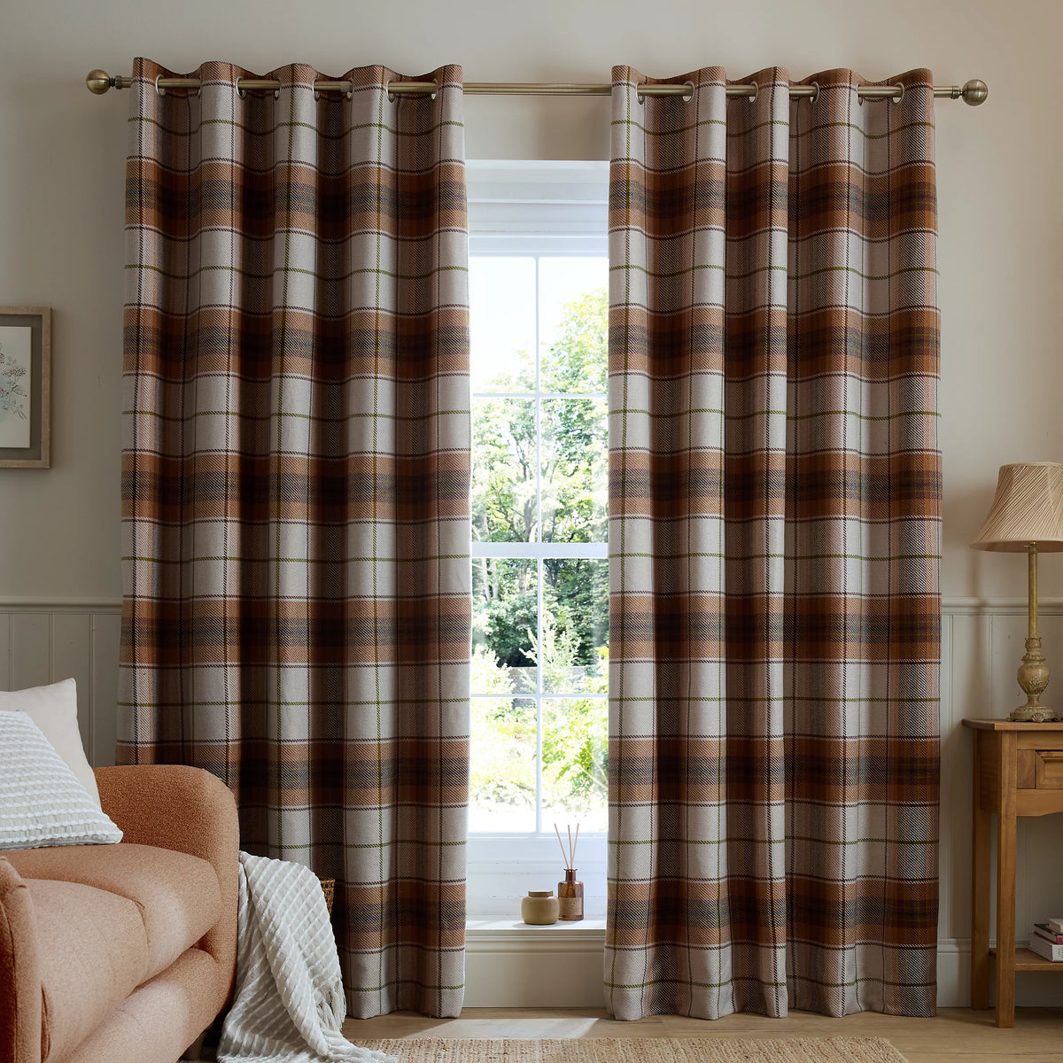 Catherine Lansfield Terracotta Brushed Glencoe Check Woven Thermal Eyelet Curtains