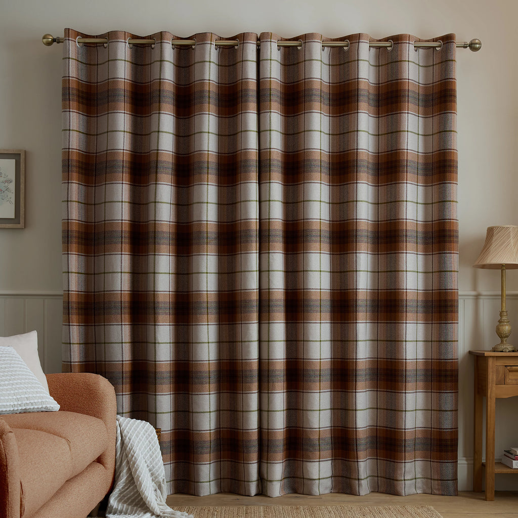 Catherine Lansfield Terracotta Brushed Glencoe Check Woven Thermal Eyelet Curtains