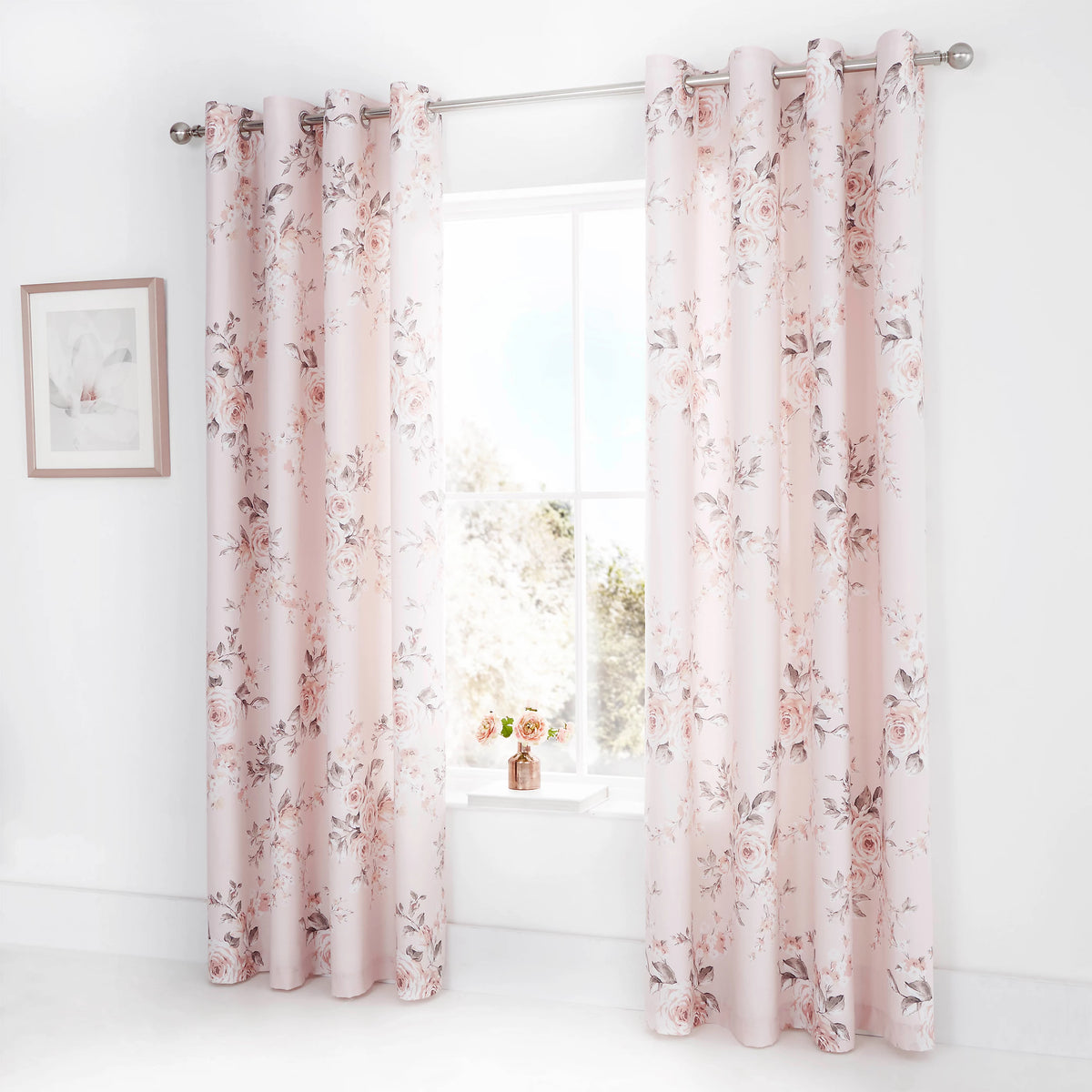 Catherine Lansfield Canterbury Floral Eyelet Curtains in Blush Pink 66 x 72 Inch