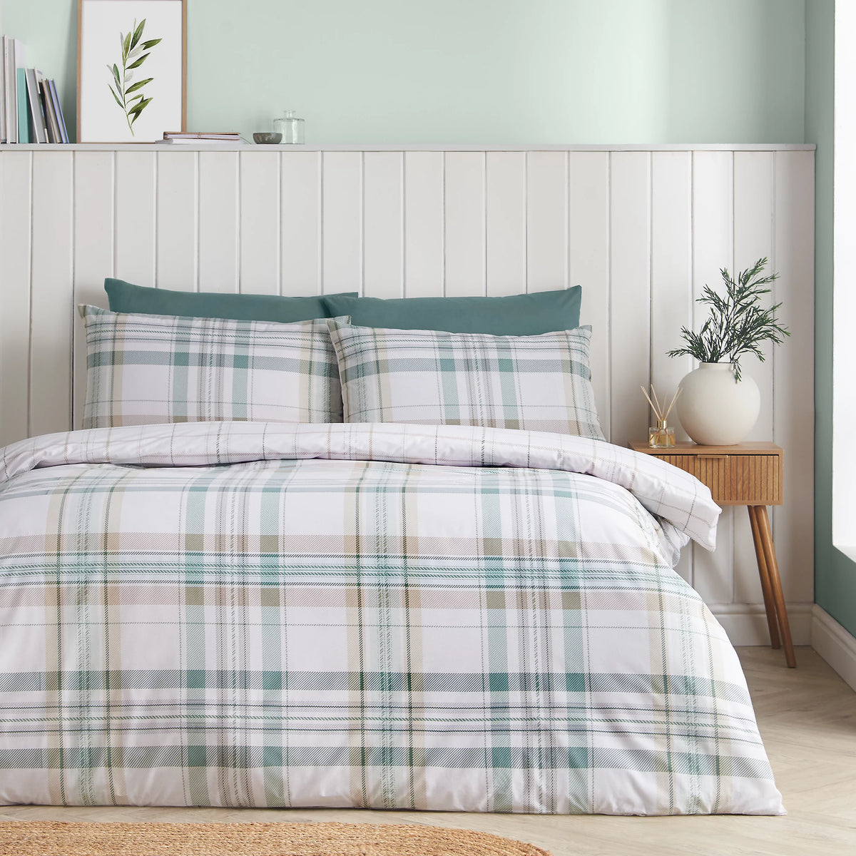 Catherine Lansfield Soft Green Cartmel Check Reversible Duvet Cover Set