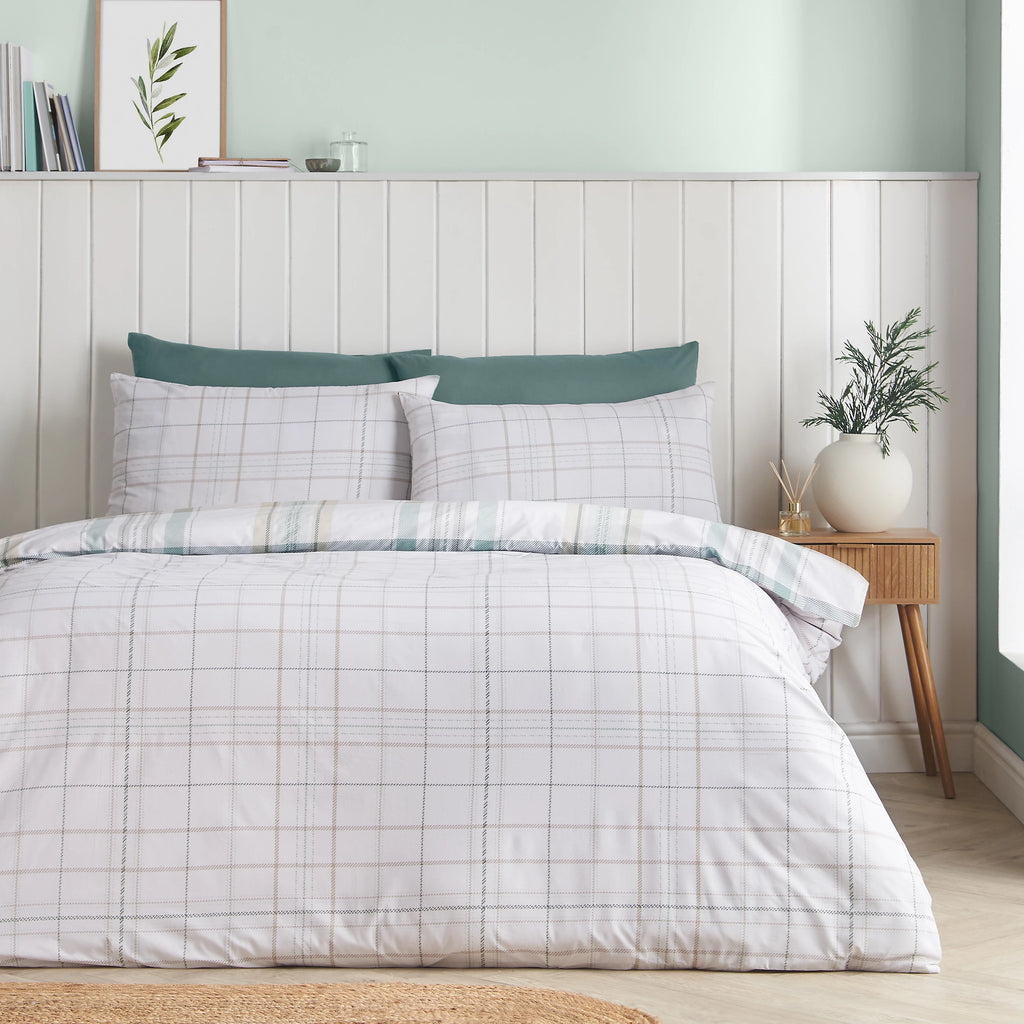 Catherine Lansfield Soft Green Cartmel Check Reversible Duvet Cover Set