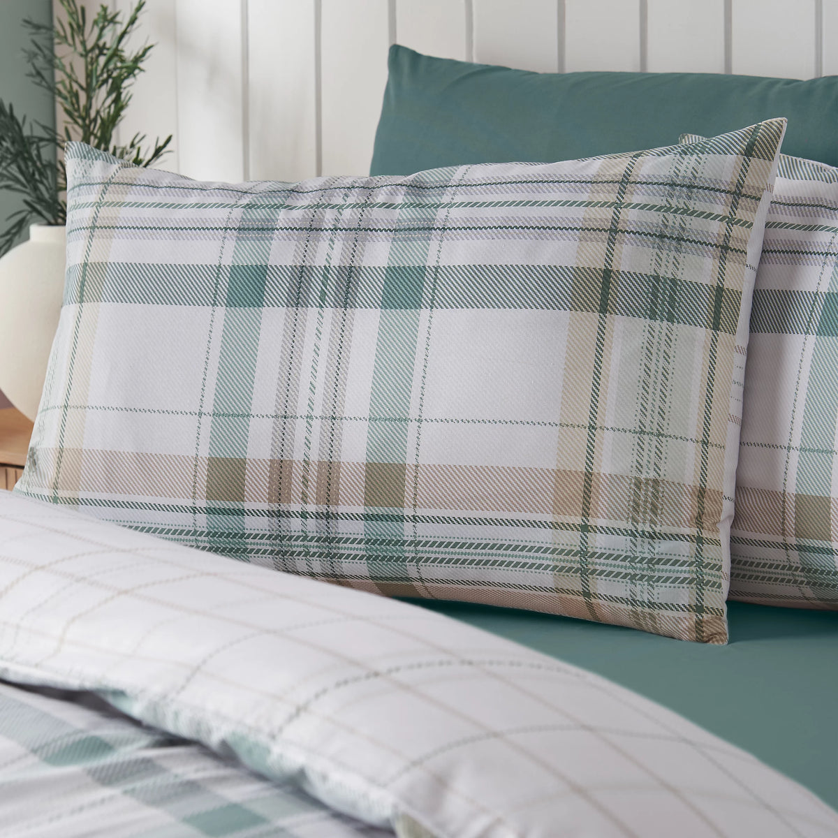 Catherine Lansfield Soft Green Cartmel Check Reversible Duvet Cover Set