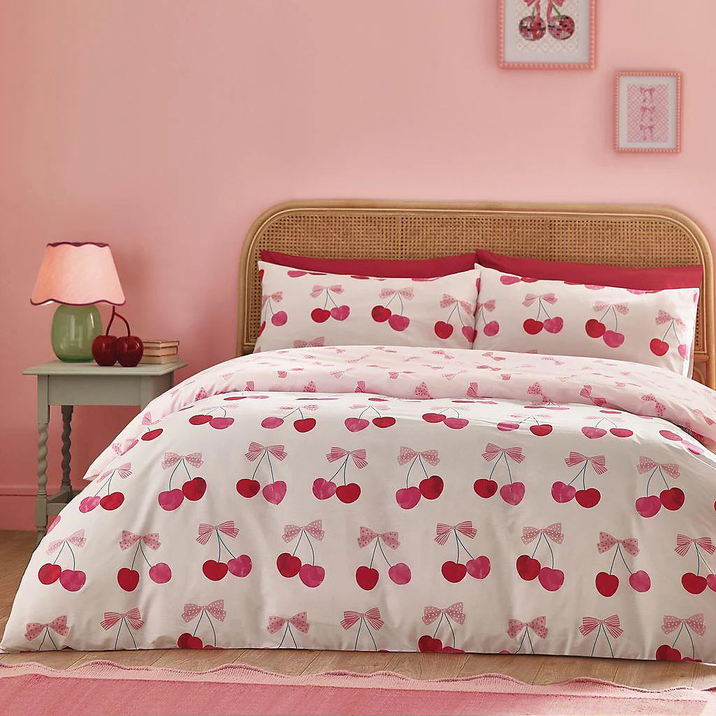 Catherine Lansfield Cherries and Bows Pink Duvet Cover Set