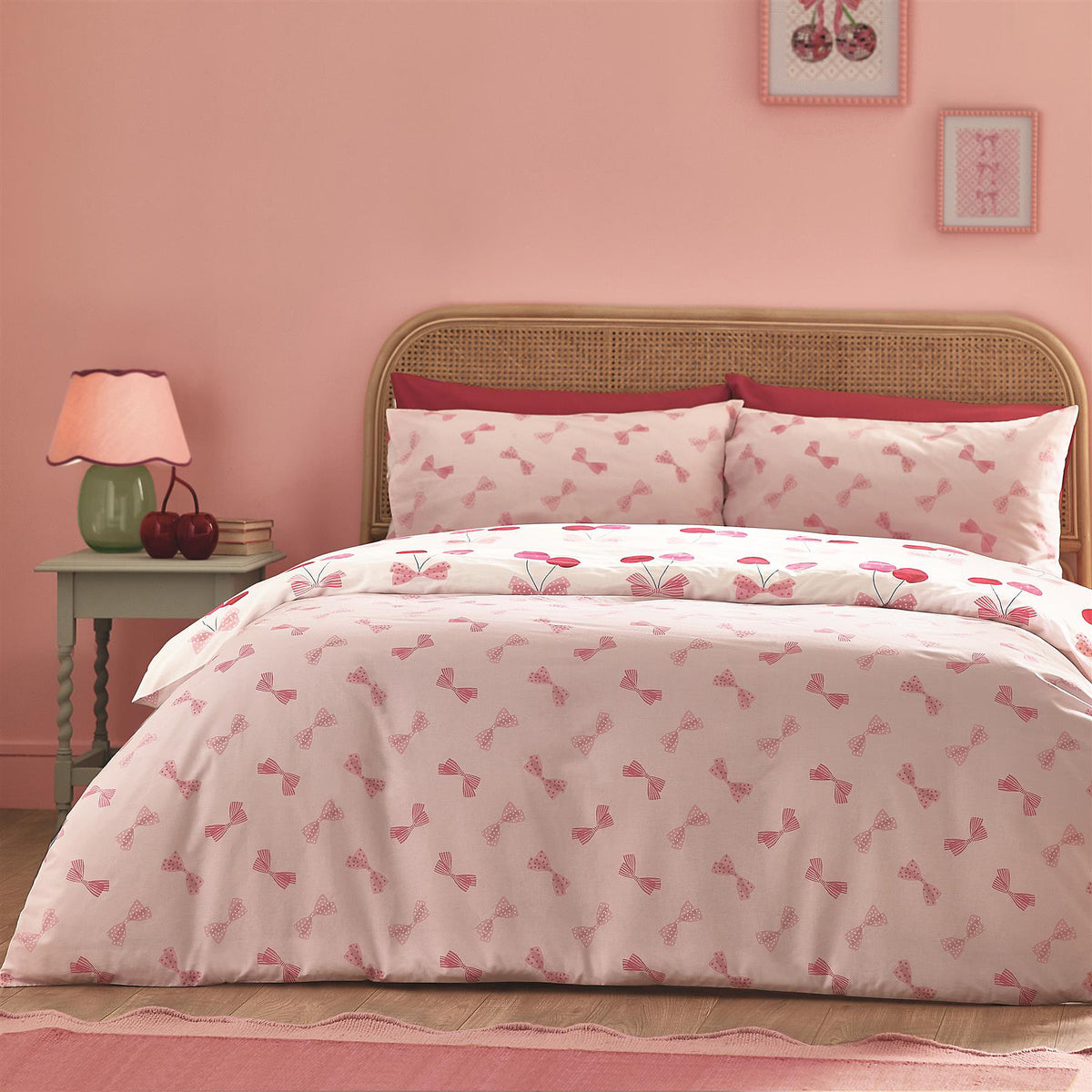 Catherine Lansfield Cherries and Bows Pink Duvet Cover Set