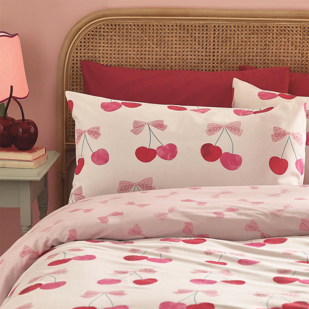 Catherine Lansfield Cherries and Bows Pink Duvet Cover Set