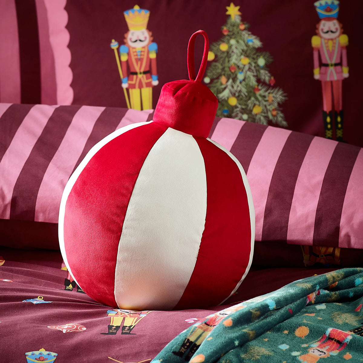 Catherine Lansfield Christmas Bauble 3D Shaped Cushion White / Red