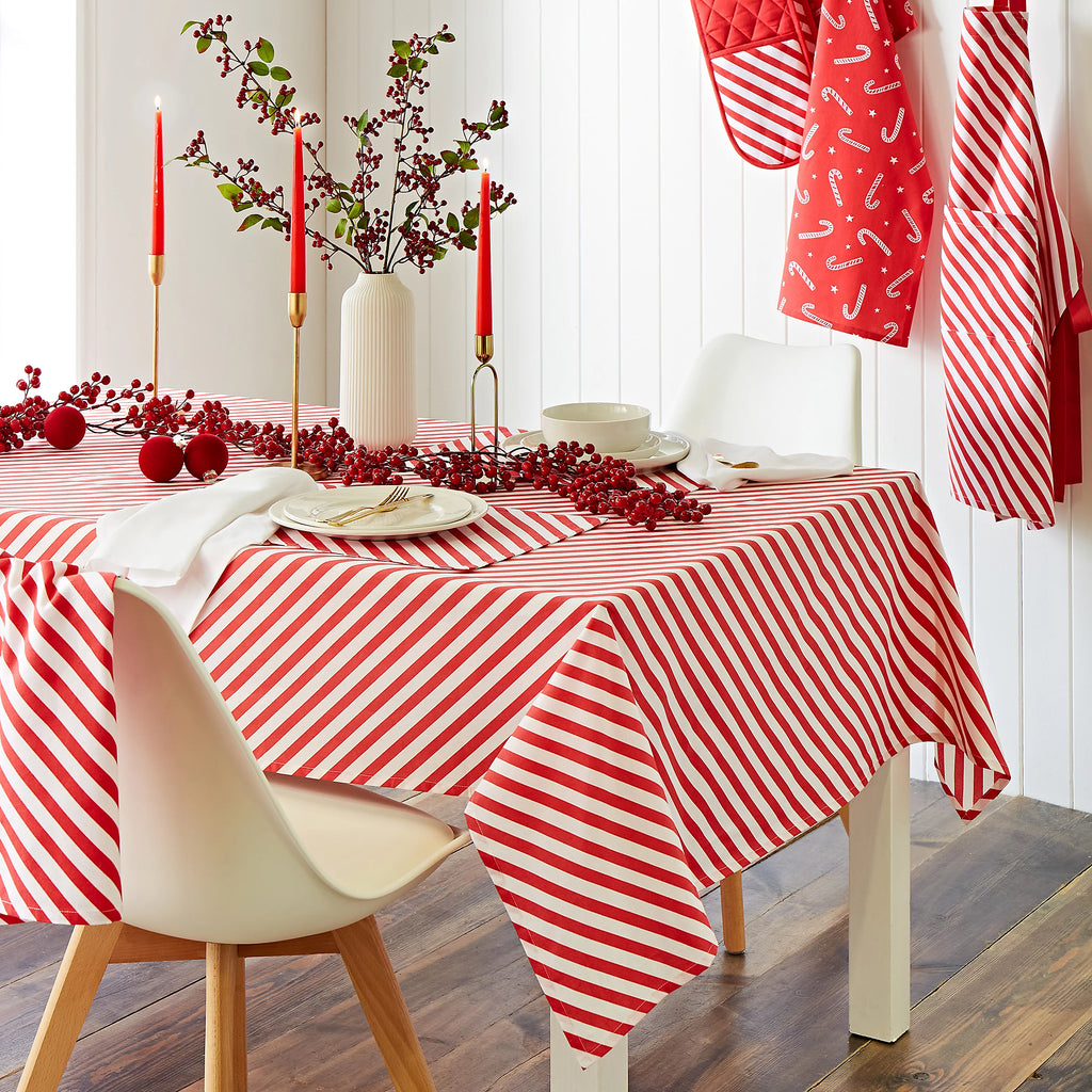 Catherine Lansfield Christmas Candy Cane Cotton Tablecloth in White / Red